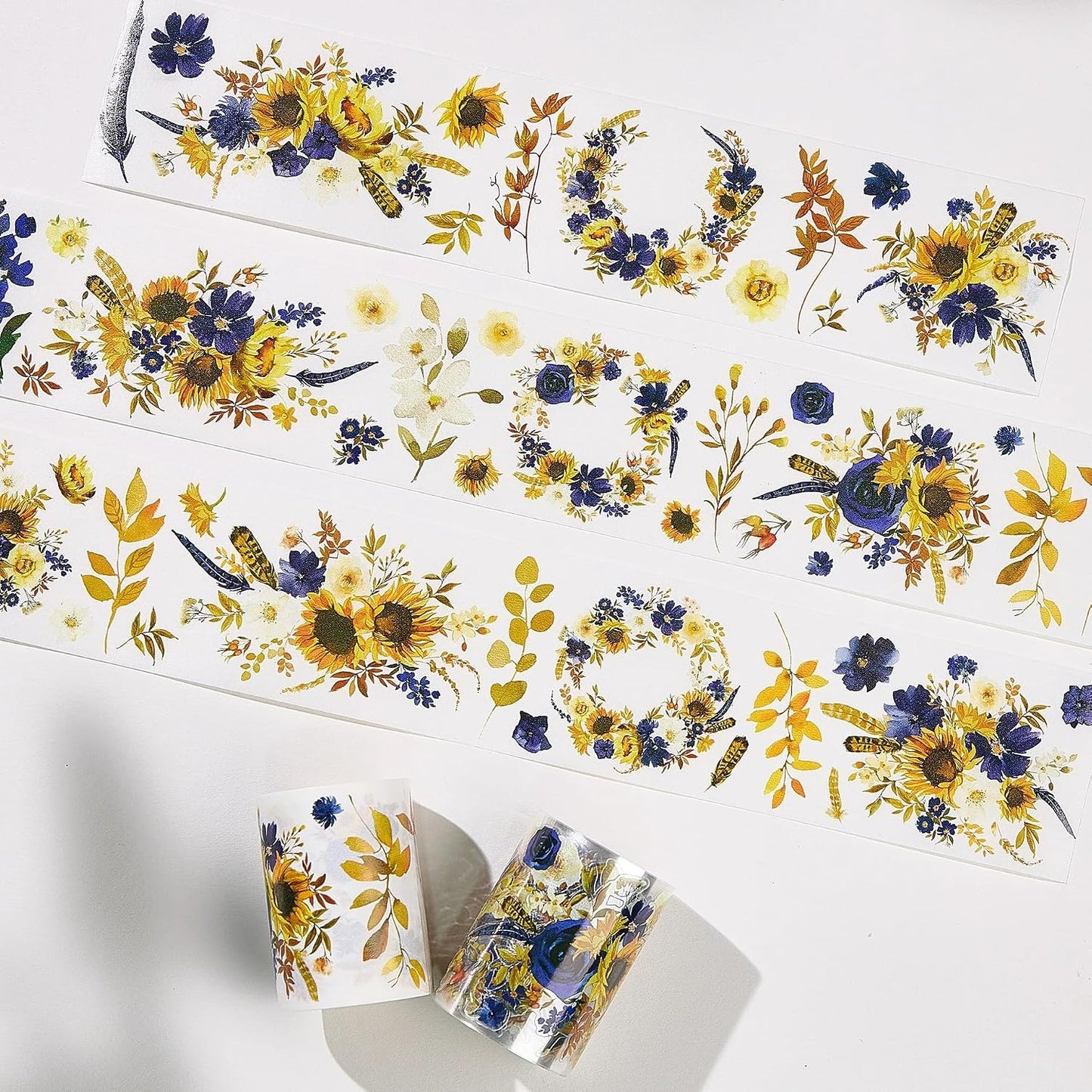 WT Pre-Cut Sunflower & Navy Wide Washi Tape, 60mm Width, Single Roll, Floral Decorative Tape for Journaling, Planners, Bujo, DIY Crafts, Original Design Paper Tape