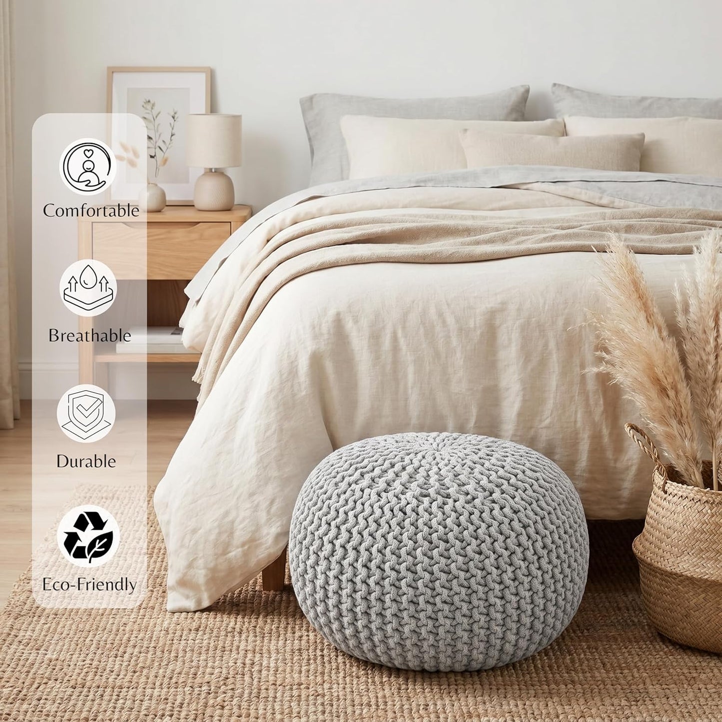 Palisa Grey Pouf Ottoman 20x20x14 Inches | Knitted Round Pouffe for Extra Sitting | Multipurpose Accent Seating for Living Room and Bedroom