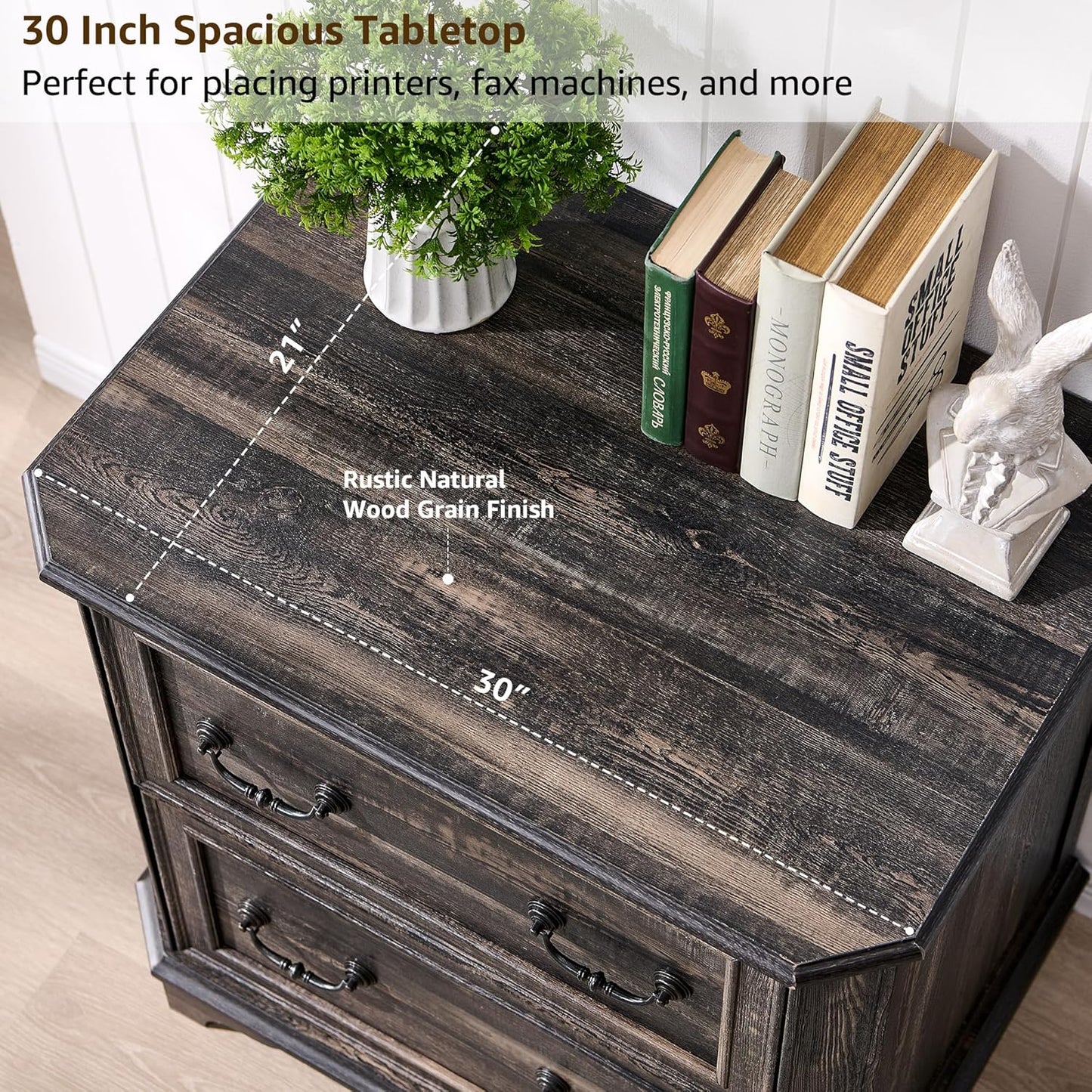 T4TREAM 2 Drawer File Cabinet Set of 2, 30" Wide Wooden Extended Desktop, Farmhouse Filing Cabinet with Smooth Rails, Holds Letter/Legal/A4, Hexagonal Design & Framed Drawer Fronts, Dark Rustic Oak