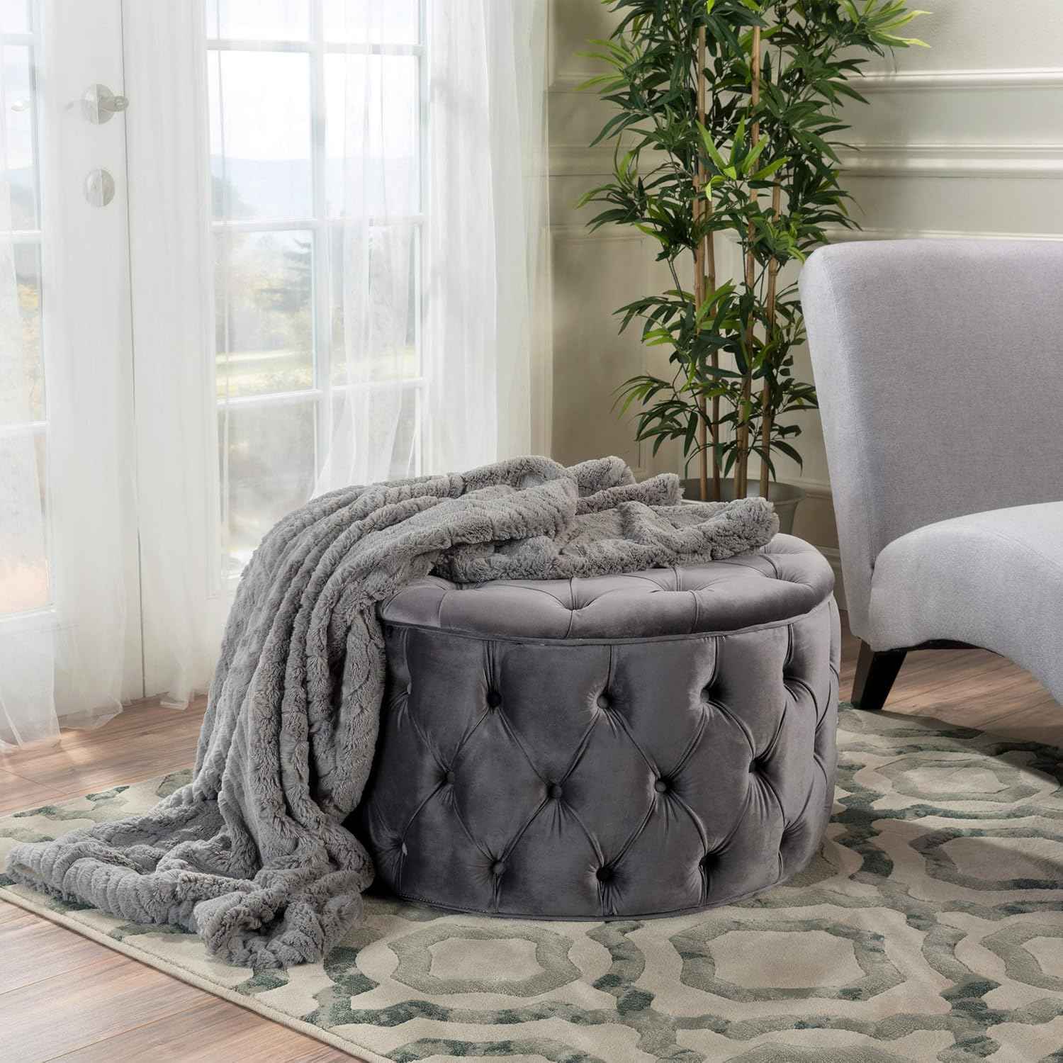 29.5'' Velvet Ottoman Large Round Ottoman Coffee Table Button Tufted Upholstered Foot Stool Oversized Footrest for Living Room Bedroom (Grey)