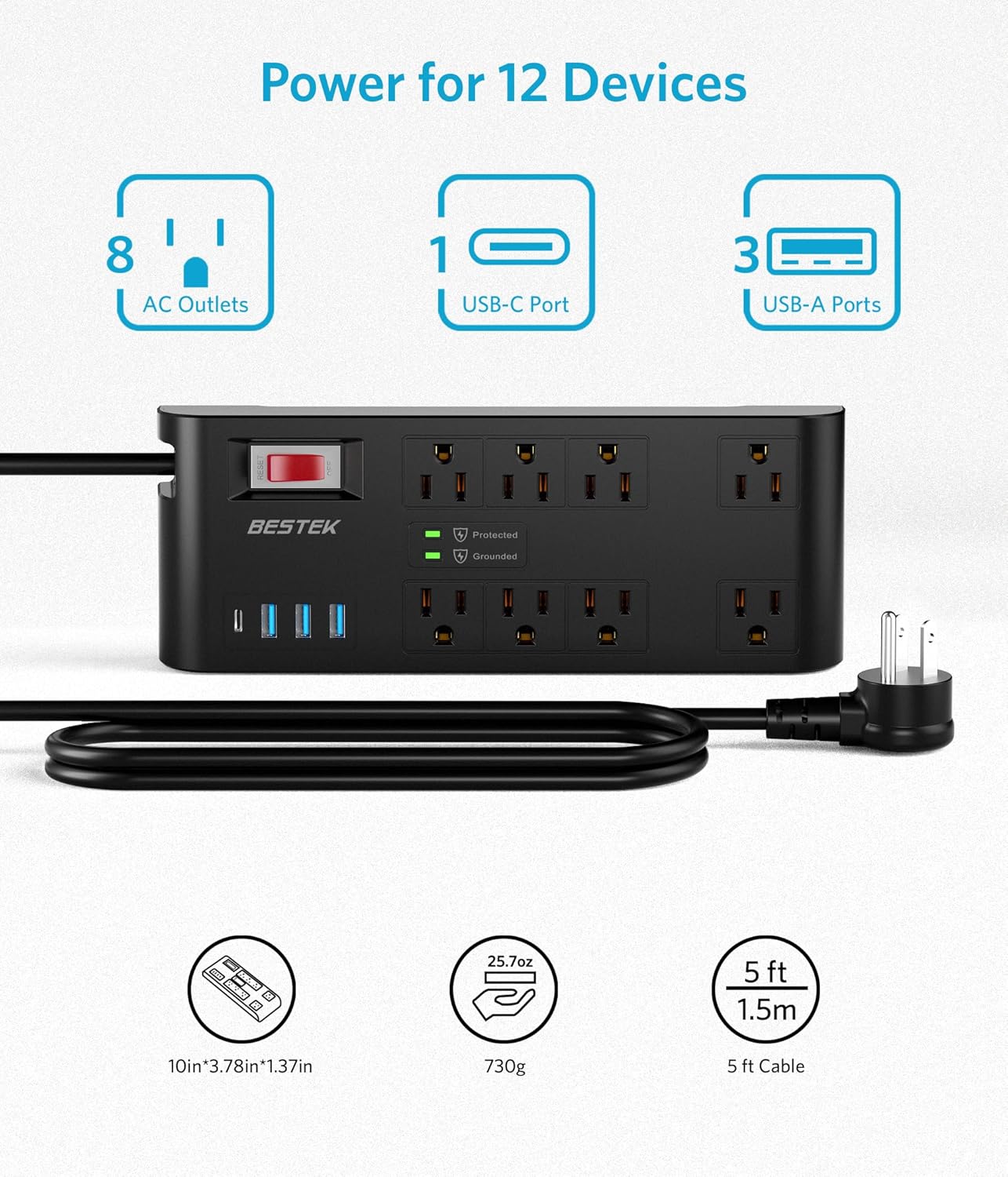 BESTEK 4,000 Joules Surge Protector with USB,6 Feet Extension Cord Power Strip with 8 AC Outlets 15A 1875W,5V 4.2A 4 USB Charging Ports Desktop Charging Station,Wide Spaced Outlet for Large Plug,Black
