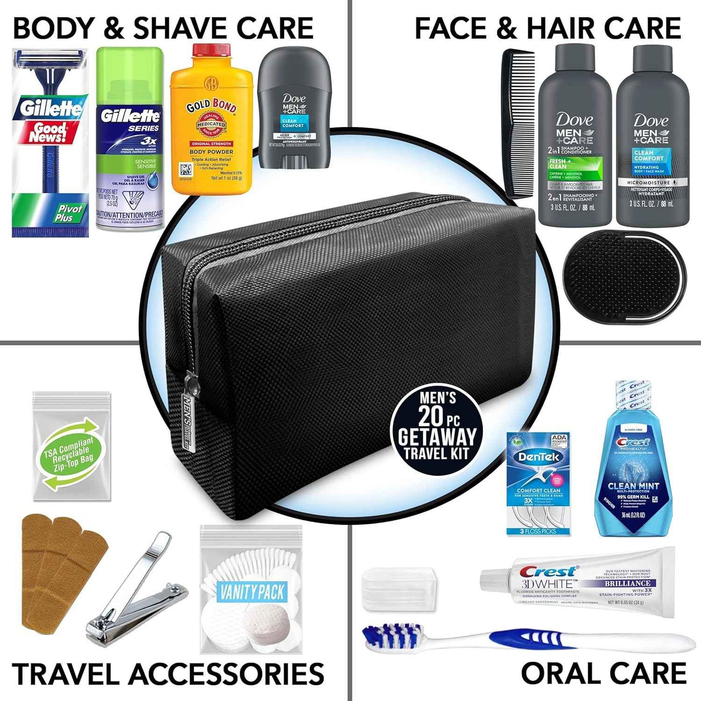 Convenience Kits International Men’s Premium 20-Piece Kit with Travel Size TSA Compliant Essentials, Featuring: Dove Men & Care Products in Black Dopp Bag