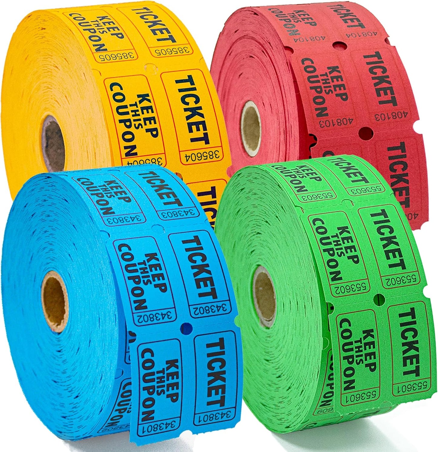 4800 Double Raffle Tickets, 1200 Tickets Per Roll, Assorted 50/50 Raffle Tickets Roll for Events, Entry, Carnivals, and Door Prizes (Blue/Red/Green/Yellow)