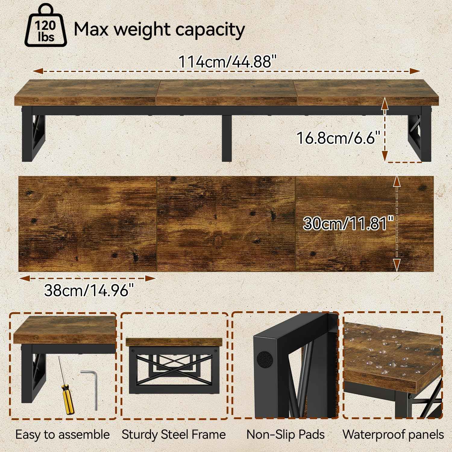 IBUYKE 45" Large TV Riser for 32-60 inch TV,Tabletop Short TV Stand with Storage and Steel Legs,Dual Screen Office Desk,Stand Riser,TV Riser Stand for Home,Bedroom,Living Room,Rustic Brown TVT002H
