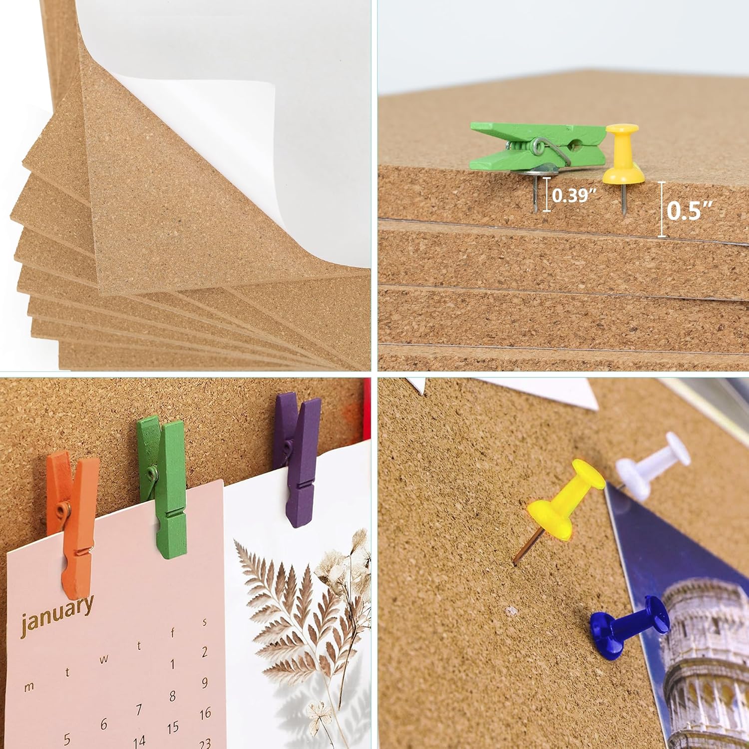 AKTOP Cork Board Bulletin Board 12x12, 1/2" Thick Cork Board Tiles 9 Pack, Small Square Pin Board for Wall, Self Adhesive Corkboards with 120 Push Pin Wood Clips for School, Home & Office - Lumora Desk