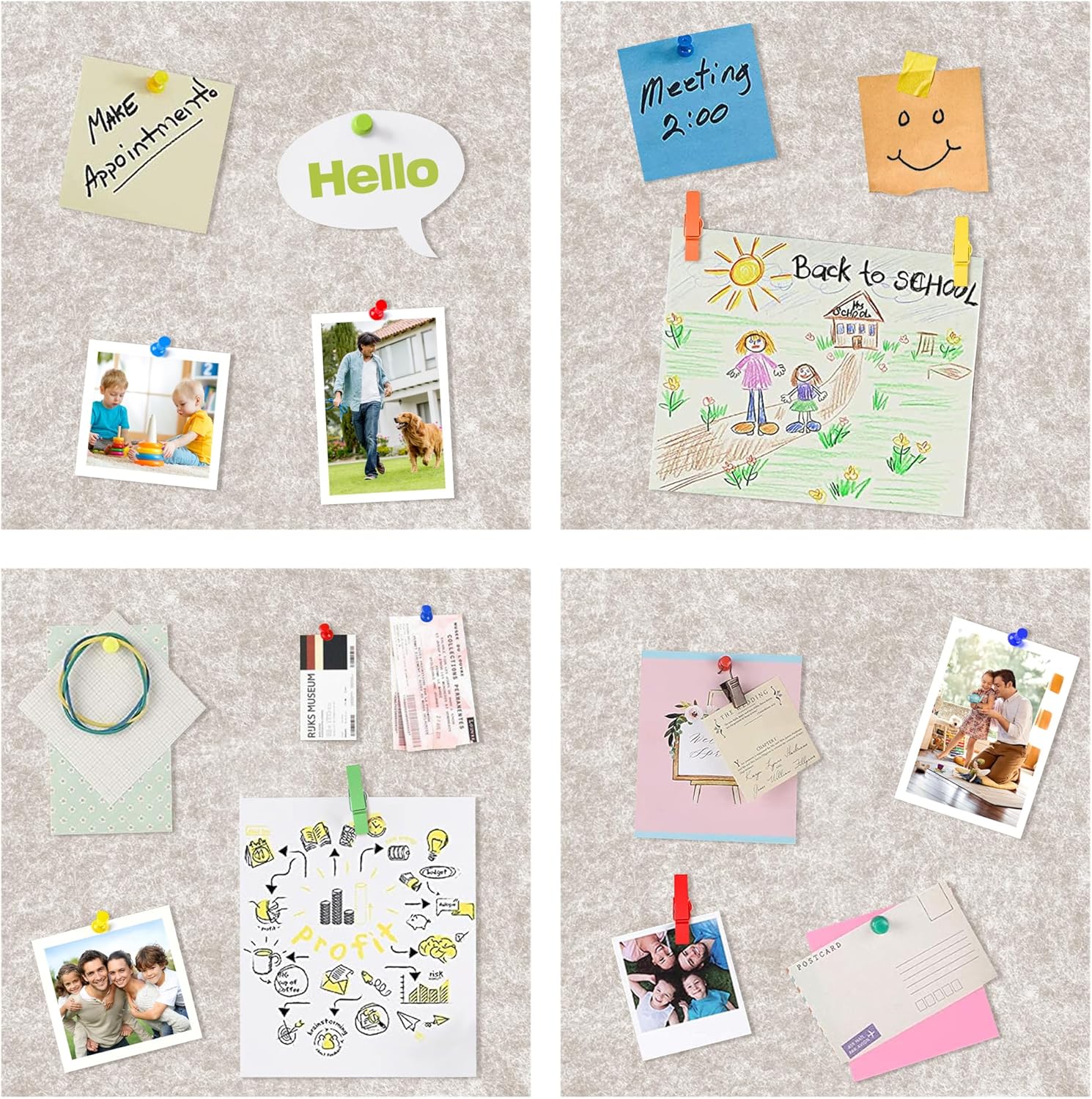 AKTOP Cork Bulletin Board 12x12, 1/2" Thick Felt Cork Board Tiles 12 Pack, Small Square Pin Board for Wall, Self Adhesive Corkboards with 120 Push Pin Wood Clips for School, Home & Office, Latte - Lumora Desk