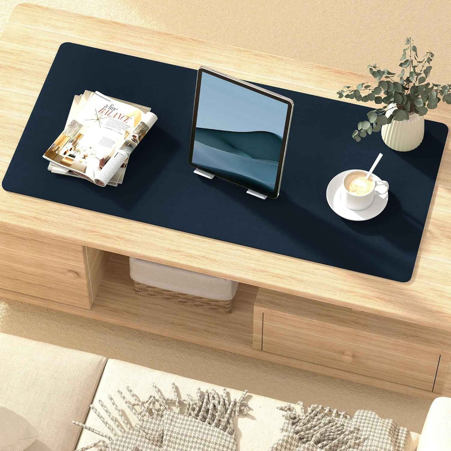 Leather Desk Pad Protector, Mouse Pad, Non-Slip Computer Mat for Desk, PU Leather Office Desk Mat for Home & Office, Waterproof Laptop Desk Blotter for Keyboard and Mouse, Navy (15.7''X31.5'')