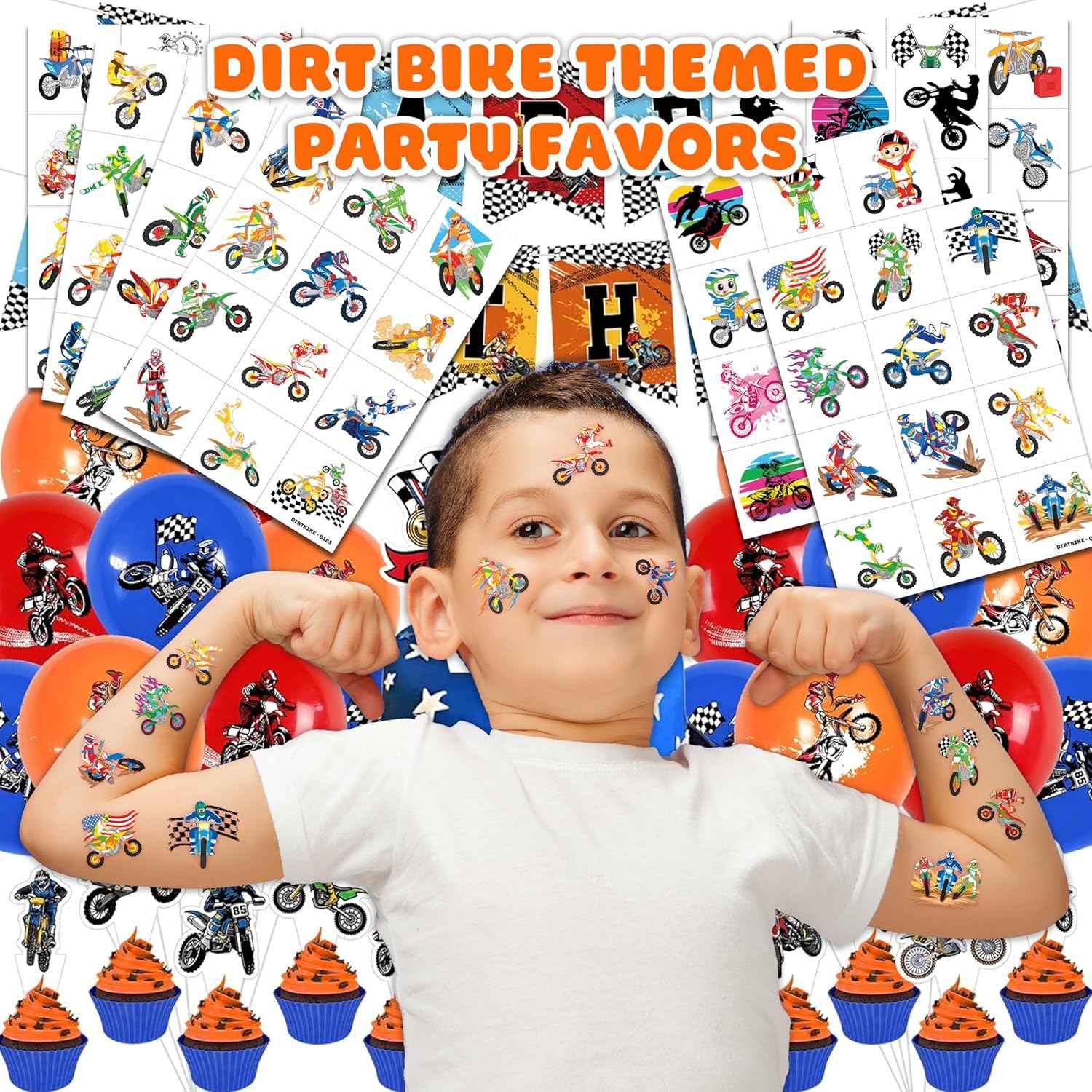 [96 PCS] Dirt Bike Motorcycle Pre-Cut Temporary Tattoos for Kids | Super Cute Motocross Themed Birthday Party Favors, Supplies, Decorations, Fake Tattoo Stickers, School Rewards Gifts For Boys & Girls