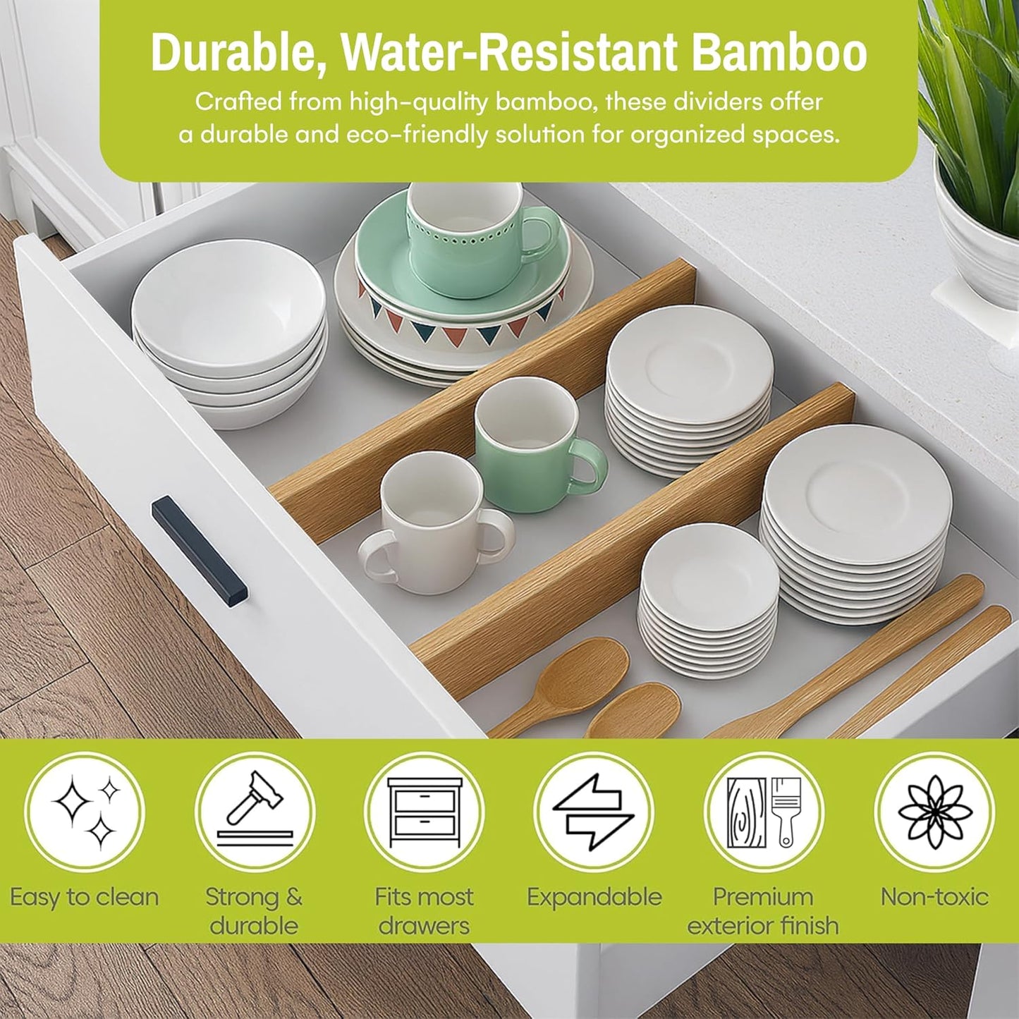 Bamboo Drawer Dividers Adjustable & Expandable, Kitchen Drawer Organizer, Ideal for Silverware, Dresser Drawers Organizer or Bedroom & Bathroom Drawers Organizers (8pk)