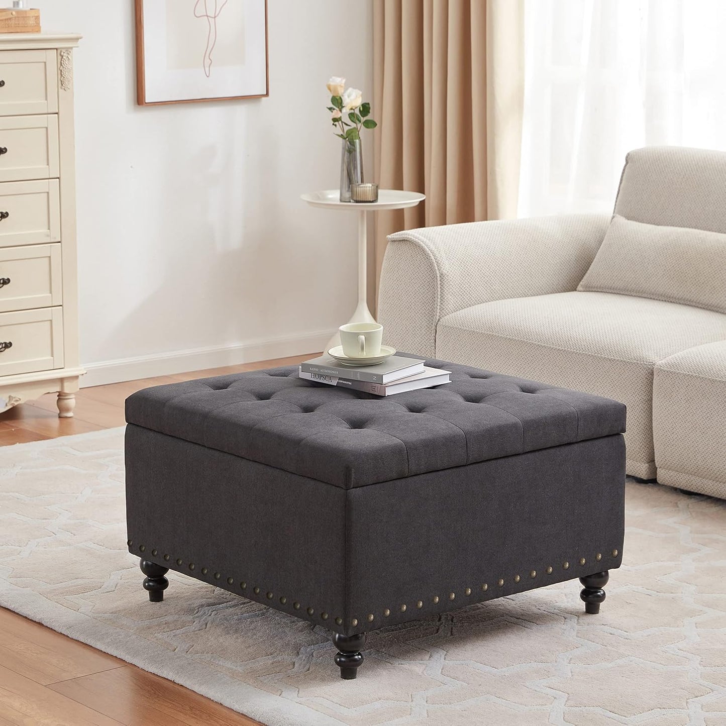 HUIMO Square Storage Ottoman, Large Ottoman Coffee Table for Living Room (Dark Grey)