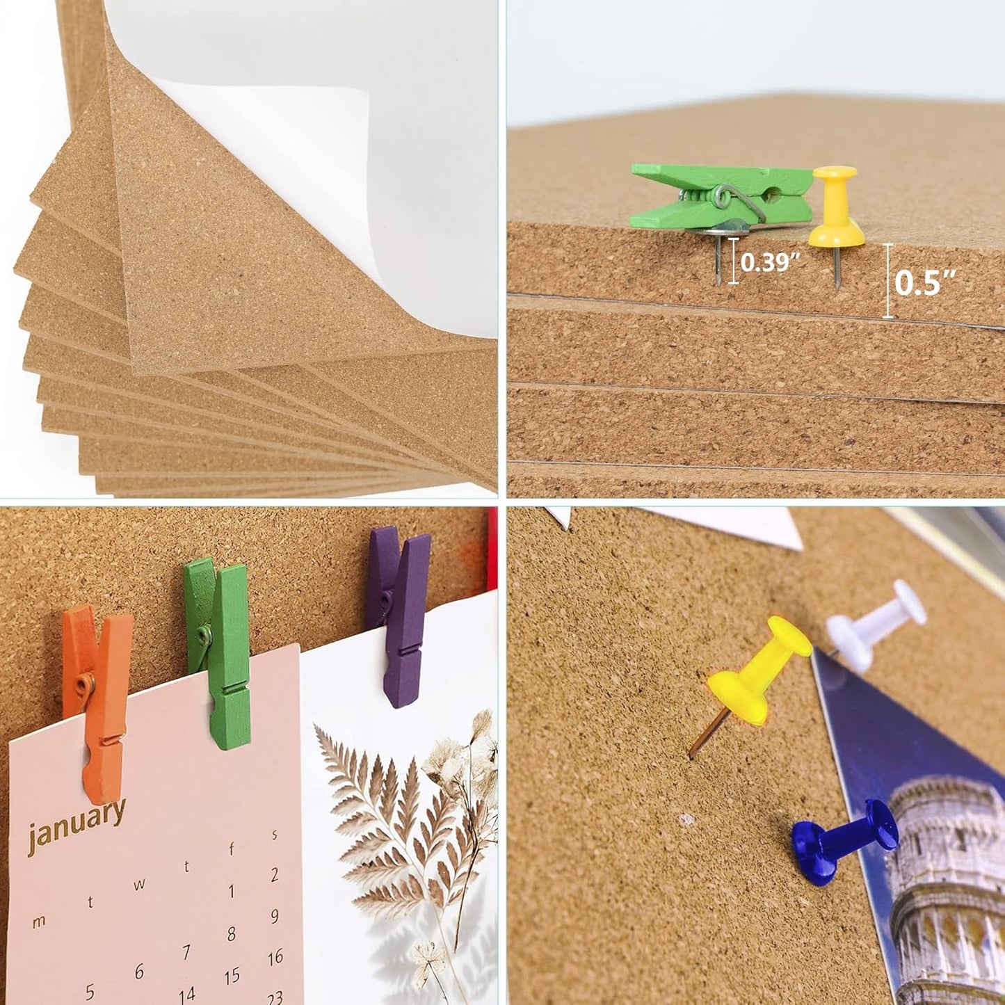 AKTOP Cork Board Bulletin Board 12x12, 1/2" Thick Cork Board Tiles 12 Pack, Small Square Pin Board for Wall, Self Adhesive Corkboards with 120 Push Pin Wood Clips for School, Home & Office - Lumora Desk