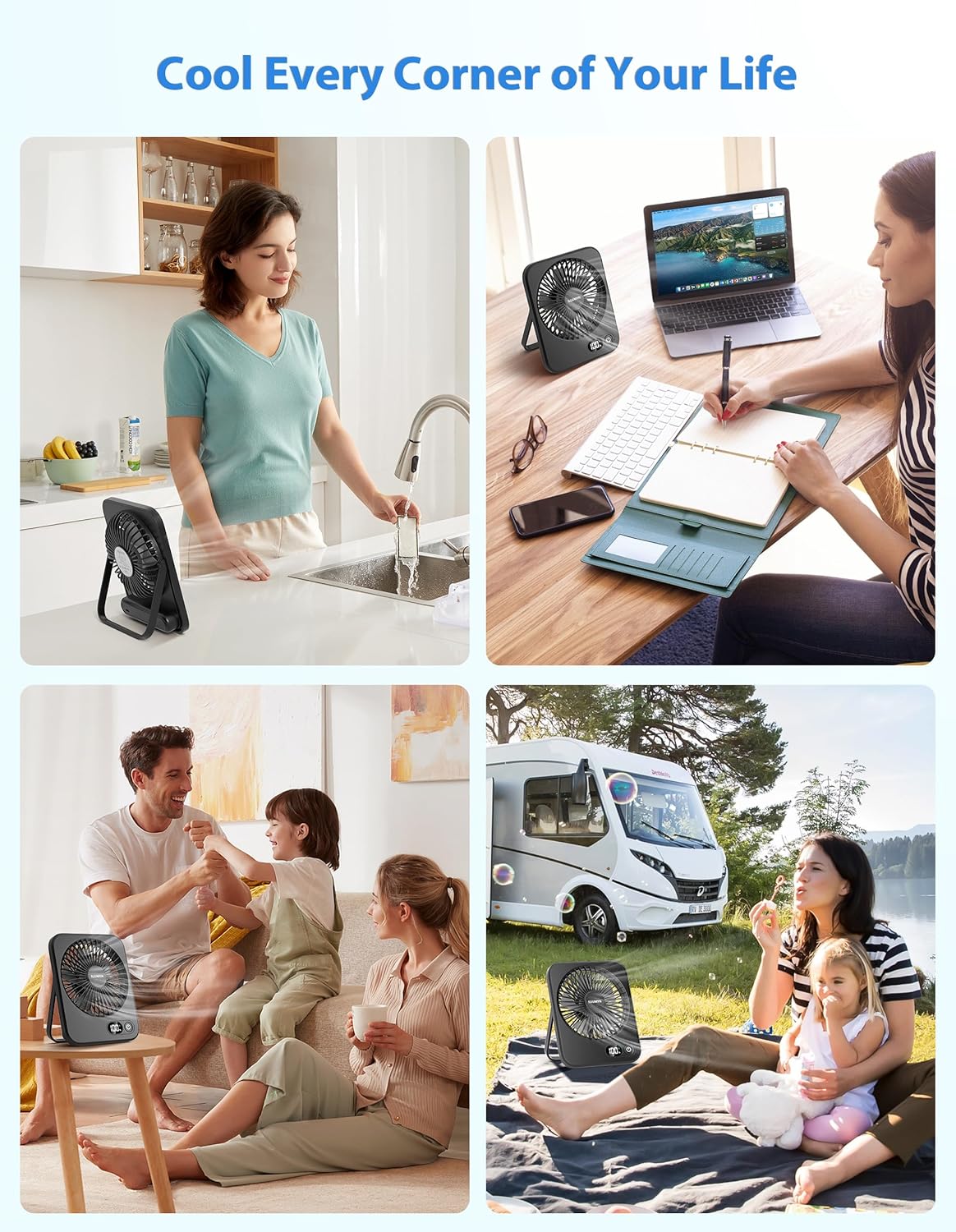 Desk Fan Rechargeable, Portable Battery Desk Fan for Office Bedroom Bedside, Ultra Silent USB Fan with Strong Airflow, Tilt Folding Fan for Travel, 5-Speed with 2600mAh Battery & LCD Display