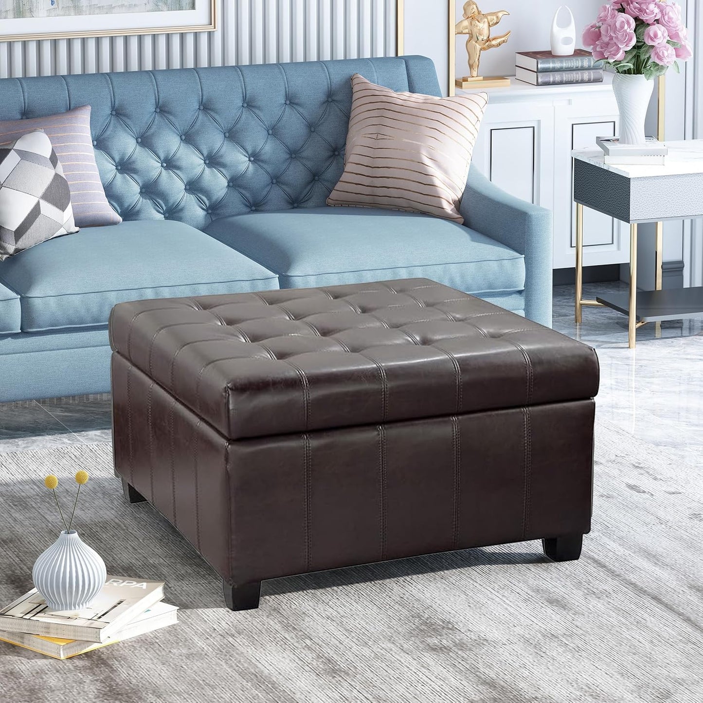 Large Square Storage Ottoman Upholstered Button Tufted Coffee Table with Solid Wood Legs, 30" PU Leather Foot Stool Oversized Ottoman Foot Rest for Sofa Couch Living Room Bedroom, Brown