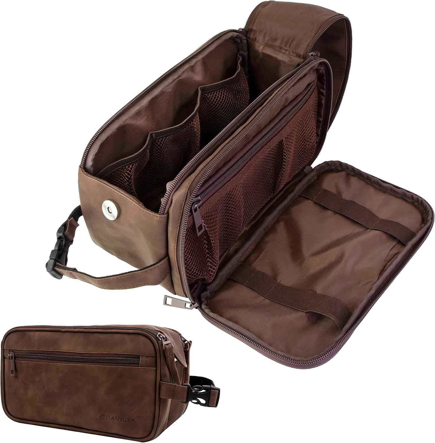 PAVILIA Toiletry Bag for Men, Travel Essentials Shaving Dopp Kit, Mens Travel Bag Toiletries Organizer Case for Grooming, PU Leather Water Resistant Cosmetic Bag Pouch (Dark Brown)