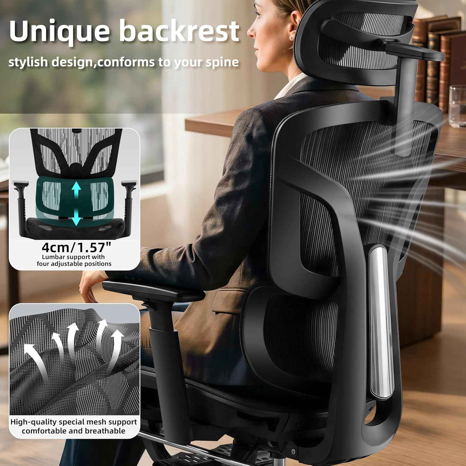Ergonomic Office Chair with Footrest, Big and Tall Office Chair 4-Level Adjustable Lumbar Support - 155° Tilt Lock and Wide Cushion - 3D Headrest & Armrests, High Back Home Desk Chair(Black)
