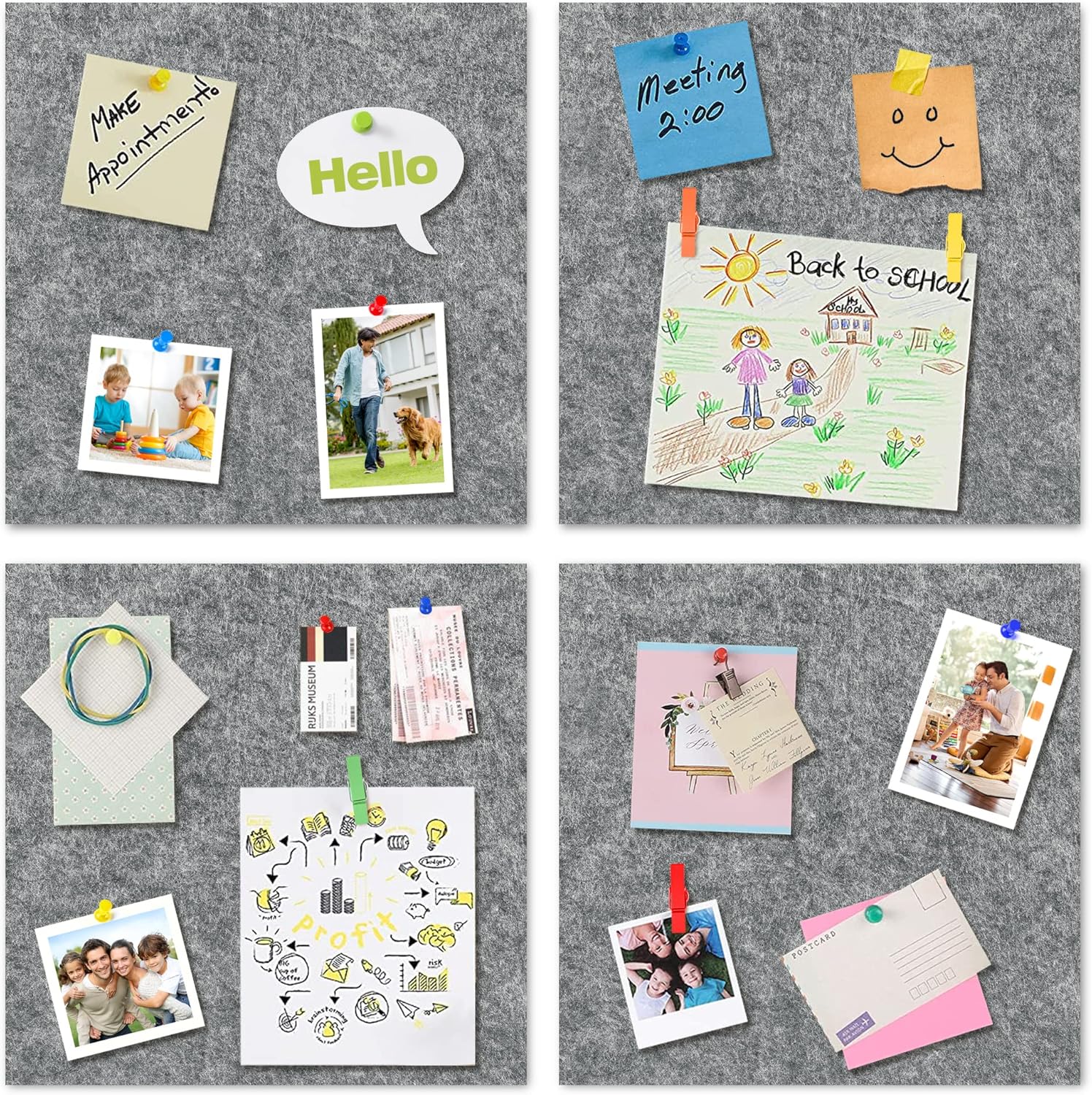 AKTOP Cork Bulletin Board 12x12, 1/2" Thick Felt Cork Board Tiles 6 Pack, Small Square Pin Board for Wall, Self Adhesive Corkboards with 60 Push Pin Wood Clips for School, Home & Office, Grey - Lumora Desk