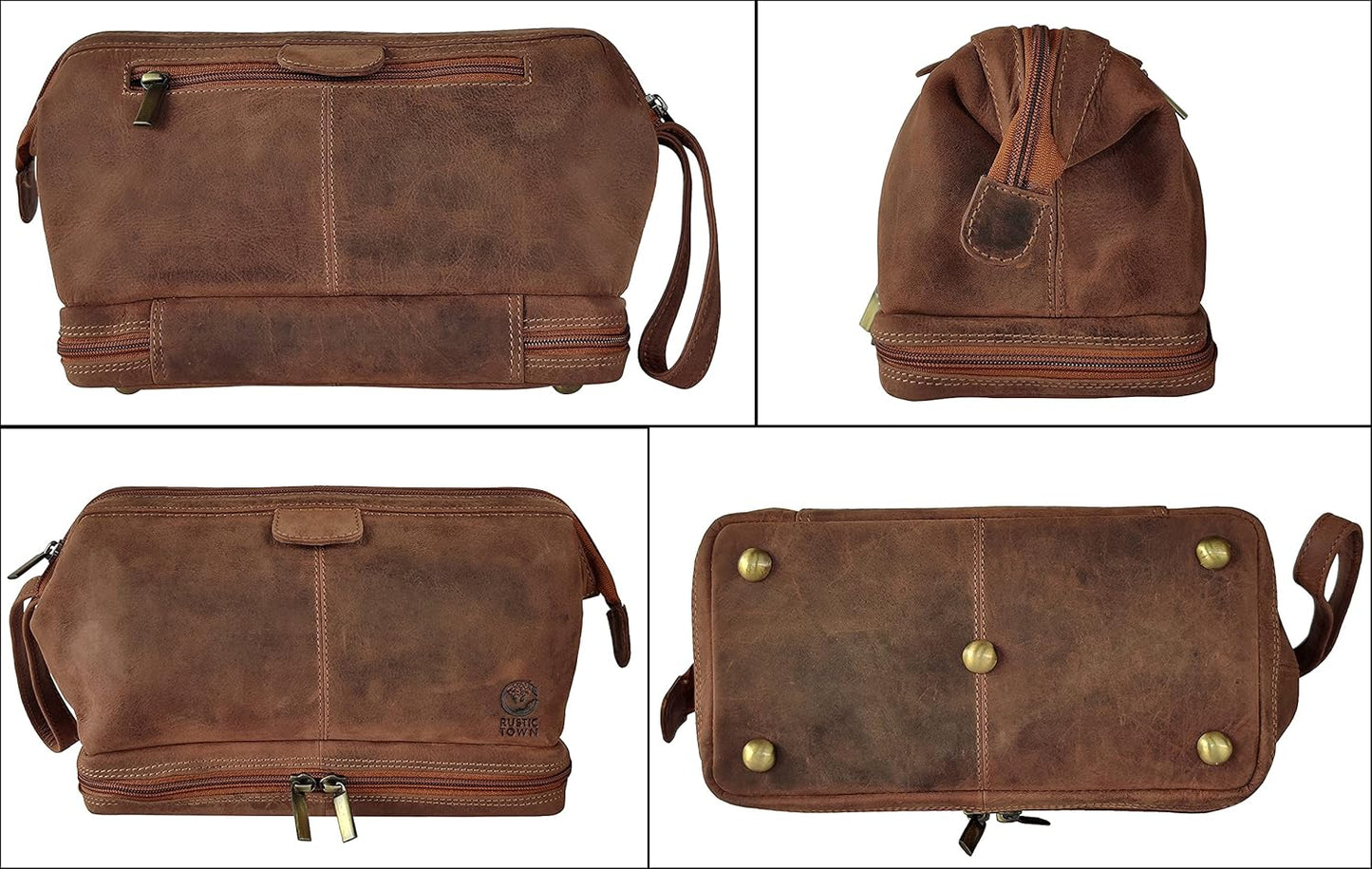 RUSTIC TOWN Leather Toiletry Bag for Men - Travel Gift Shaving Ditty Kit - Bathroom Shower Toiletries Organizer - Cosmetic Makeup Bag for Women