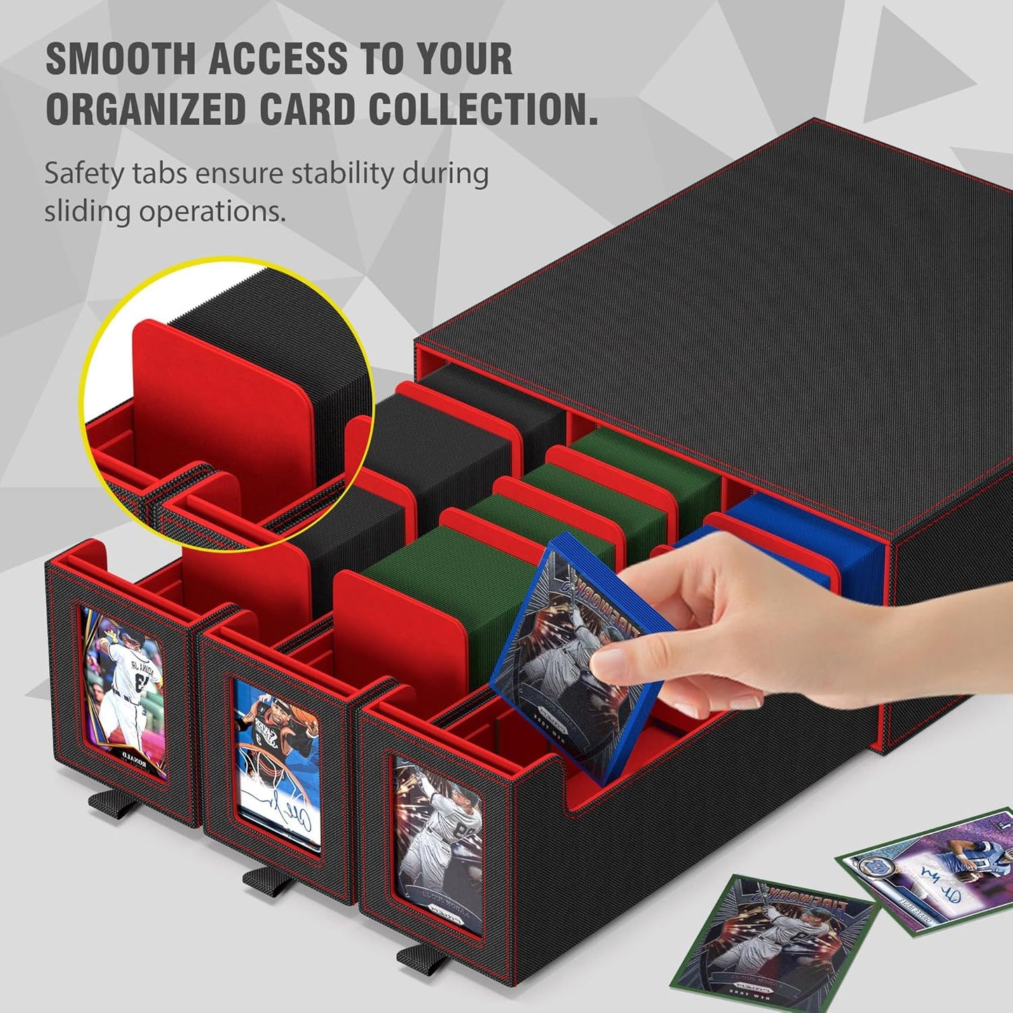 Trading Card Storage Box, 3-Row Slide-Pull Card Case with Stackable Design & 15 Dividers, Commander Display Card Organizer Holder for MTG, Pkmn, YuGiOh, TCG and Sports Cards, Holds 2500+ Cards (Red)