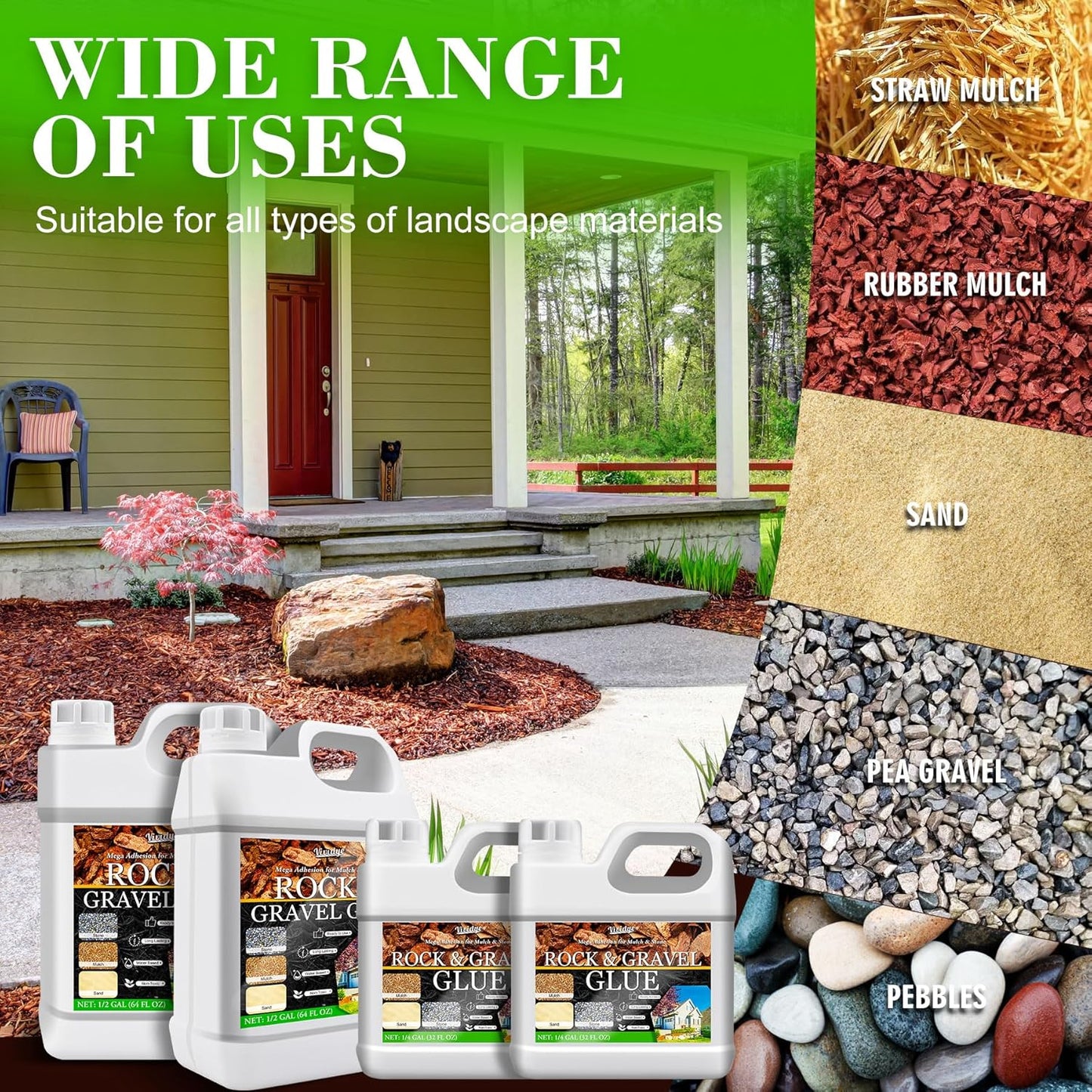 Mulch Glue & Gravel Binder - 1 Gallon / 128oz Rock Glue for Landscaping, Garden, Walkway - Ready to Use, Strong Pea Gravel Stabilizer for Lockdown Sticky Rocks, Pebble, Bark, Rubber, Sand, Stone