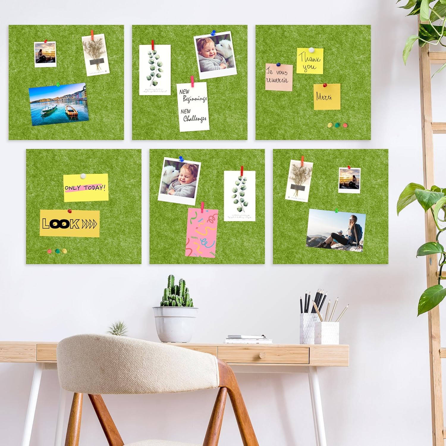 AKTOP Cork Bulletin Board 12x12, 1/2" Thick Felt Cork Board Tiles 6 Pack, Small Square Pin Board for Wall, Self Adhesive Corkboards with 60 Push Pin Wood Clips for School, Home & Office, Green - Lumora Desk