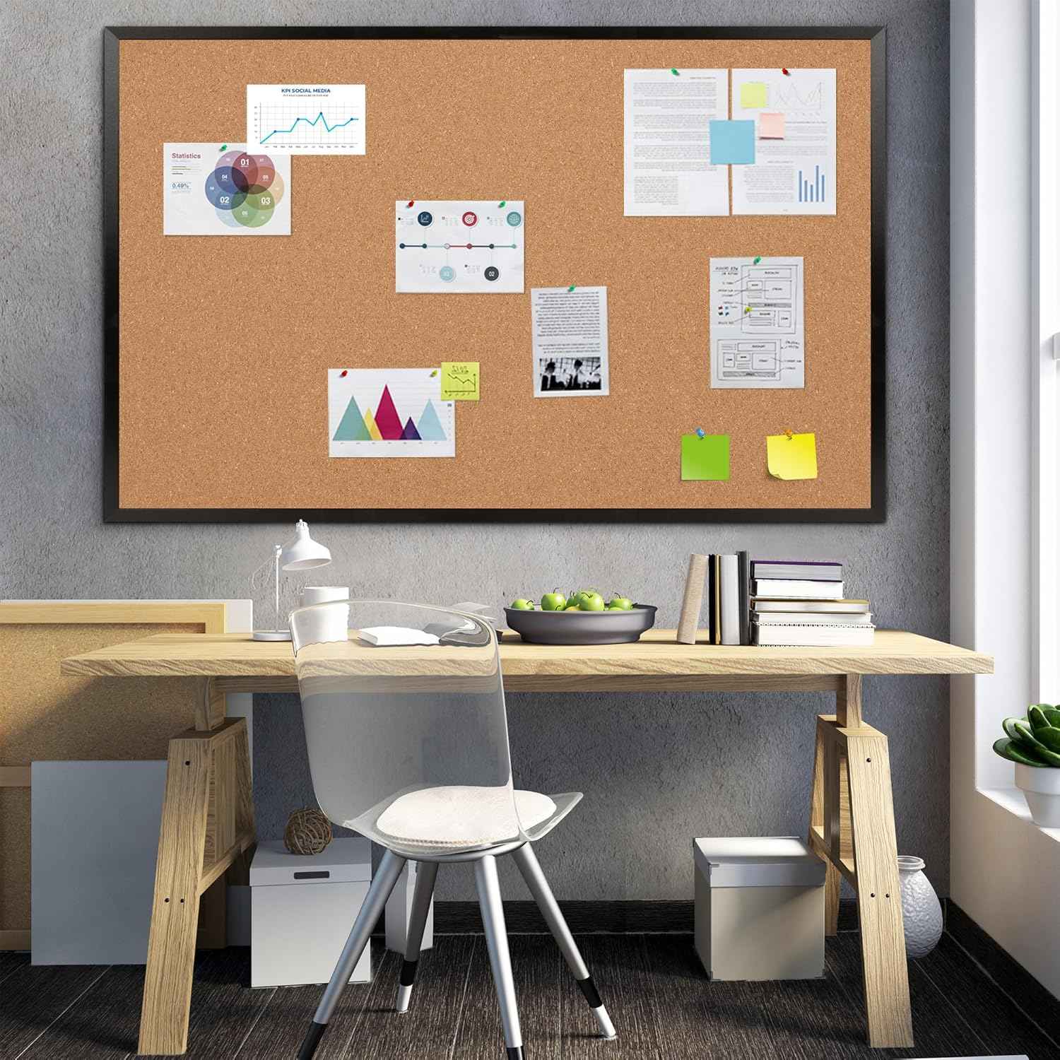 Extra Large Cork Bulletin Board 60" X 36", Black Wood Framed Corkboard for Wall, Wall Mounted Notice Pin Board with 18 Push Pins