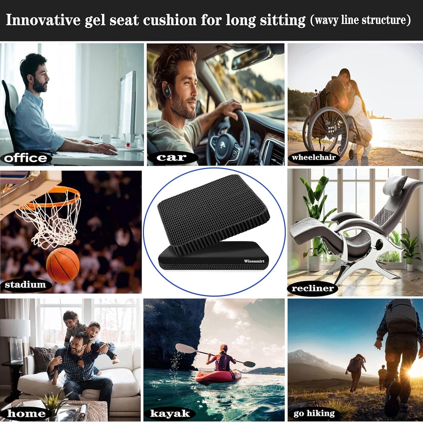 Breathable Grid Seat Cushion, Large and Wide Gel Seat Cushion, Soft Cooling Support Chair Cushion for Office, Home, Wheelchair, Car, Recliner, Gel Cushion for Back, Sciatica, Tailbone, Pain Relief.