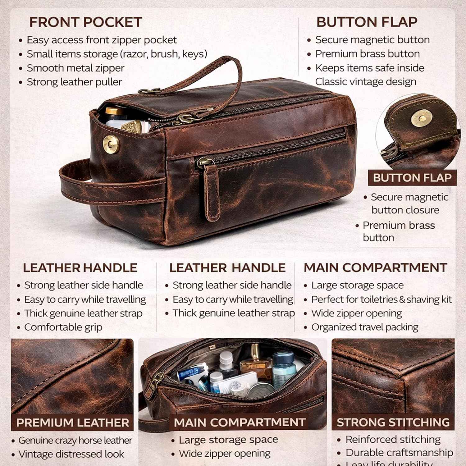 cuero Genuine Buffalo Leather Unisex Toiletry Bag Travel Leather Dopp Kit Made With High Class Buffalo Leather