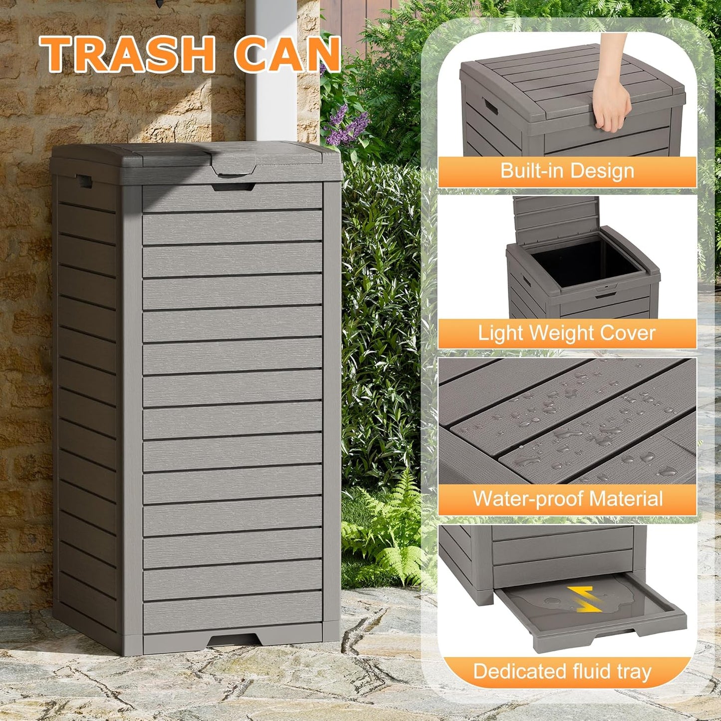 Fancyango Outdoor Trash Can with Lid & Drip Tray, Waterproof Resin Garbage Can, Outside Trash Bin for Patio, Garage, Pool, Deck & Backyard, Gray(31 Gallon)