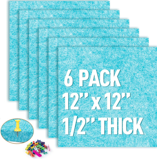 AKTOP Cork Bulletin Board 12x12, 1/2" Thick Felt Cork Board Tiles 6 Pack, Small Square Pin Board for Wall, Self Adhesive Corkboards with 60 Push Pin Wood Clips for School, Home & Office, Baby Blue - Lumora Desk