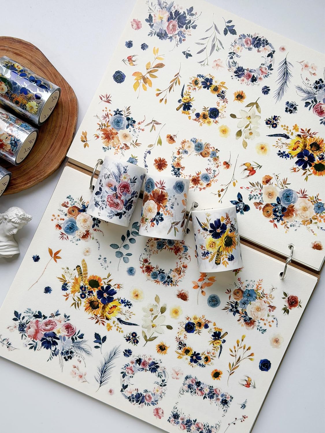 WT Pre-Cut Sunflower & Navy Wide Washi Tape, 60mm Width, Single Roll, Floral Decorative Tape for Journaling, Planners, Bujo, DIY Crafts, Original Design Paper Tape