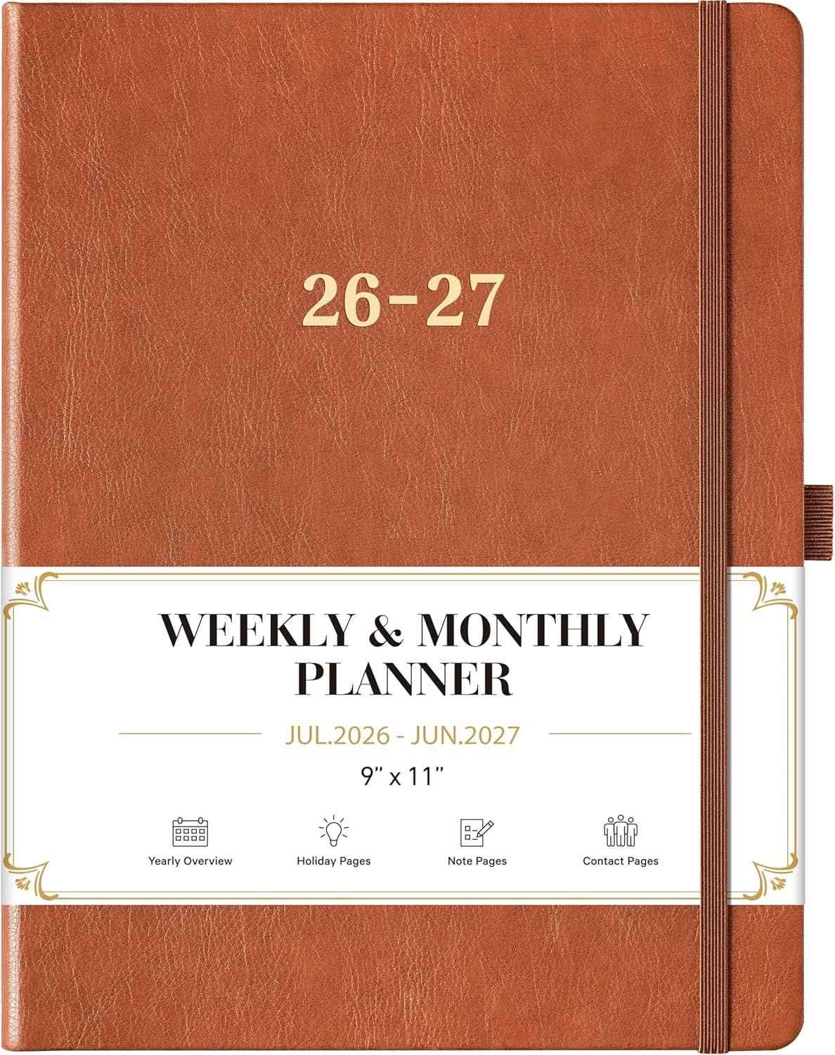2026-2027 Planner - Academic Planner 2026-2027, July 2026 - June 2027, 9" x 11", Leather Planner Large, Monthly Weekly Planner with Pen Holder + Elastic Closure + Leather Hardcover + Bookmarks - Brown