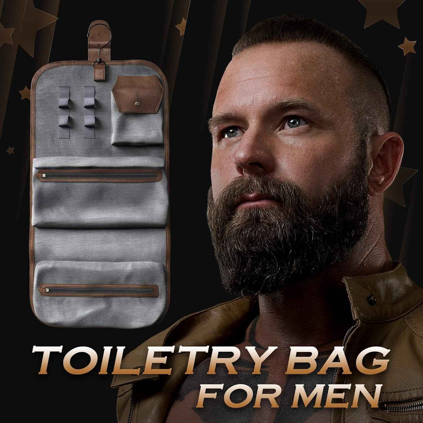 Bossman PU Leather Toiletry Bag for Men - Water Resistant Toiletry Kit Mens Hanging Travel Organizer - Hand Crafted Portable Traveling Accessories
