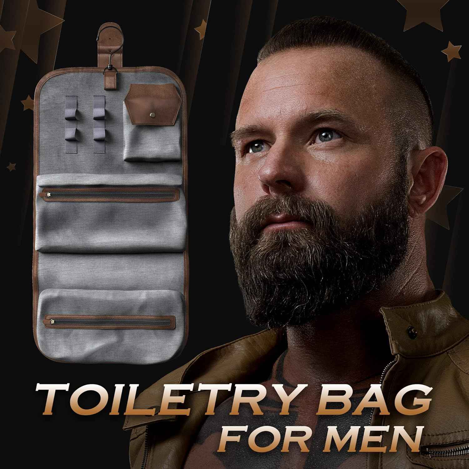 Bossman PU Leather Toiletry Bag for Men - Water Resistant Toiletry Kit Mens Hanging Travel Organizer - Hand Crafted Portable Traveling Accessories