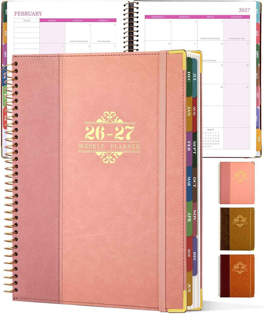 Planner 2026-2027, Leather Two-Tone Planner, 18 Month Weekly and Monthly Planner Calendar with Tabs, Jul 2026–Dec 2027, Large 8.5" x 11" A4 Hardcover Spiral Agenda Planner for Home, School and Work （Pink）