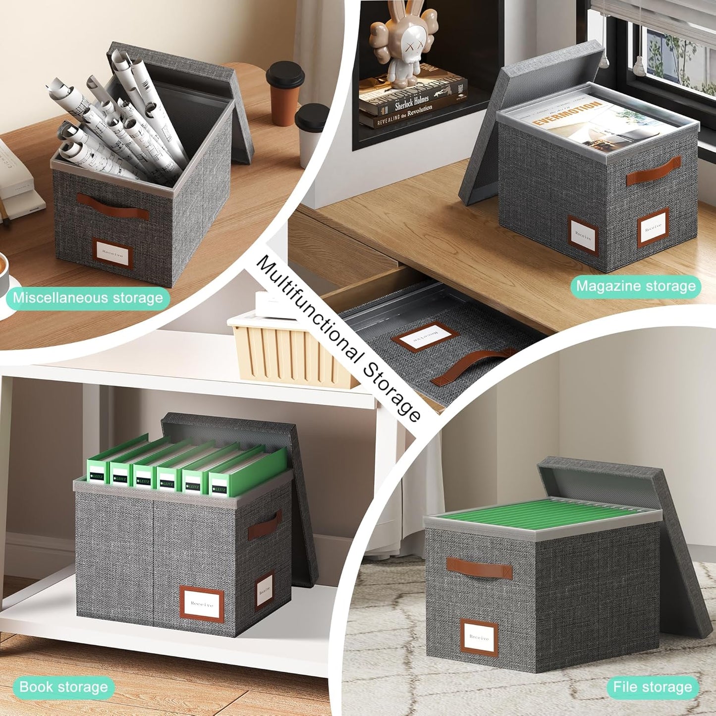 File Box for Hanging, File Organizer Box with Lid Decorative File Folders Letter Size Organizer with One-Piece Integrated Plastic Slide Rail (Grey, 13.2x10.1x10.1inch(3pack))