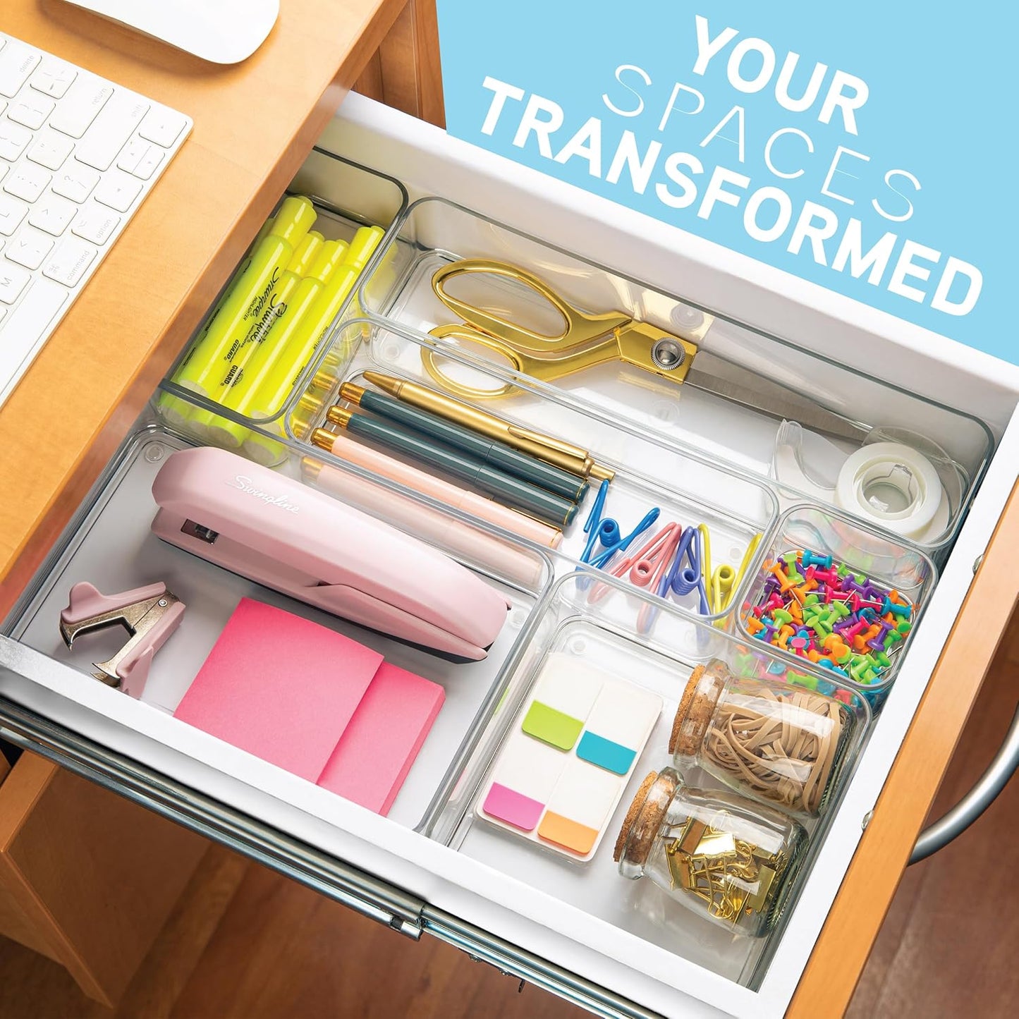 Plastic Clear Drawer Organizers. Bathroom. Kitchen, Bedroom, Utensils, Office Organizer Bins, Storage Trays. Stackable. 9" x 6" x 2" Set of 6