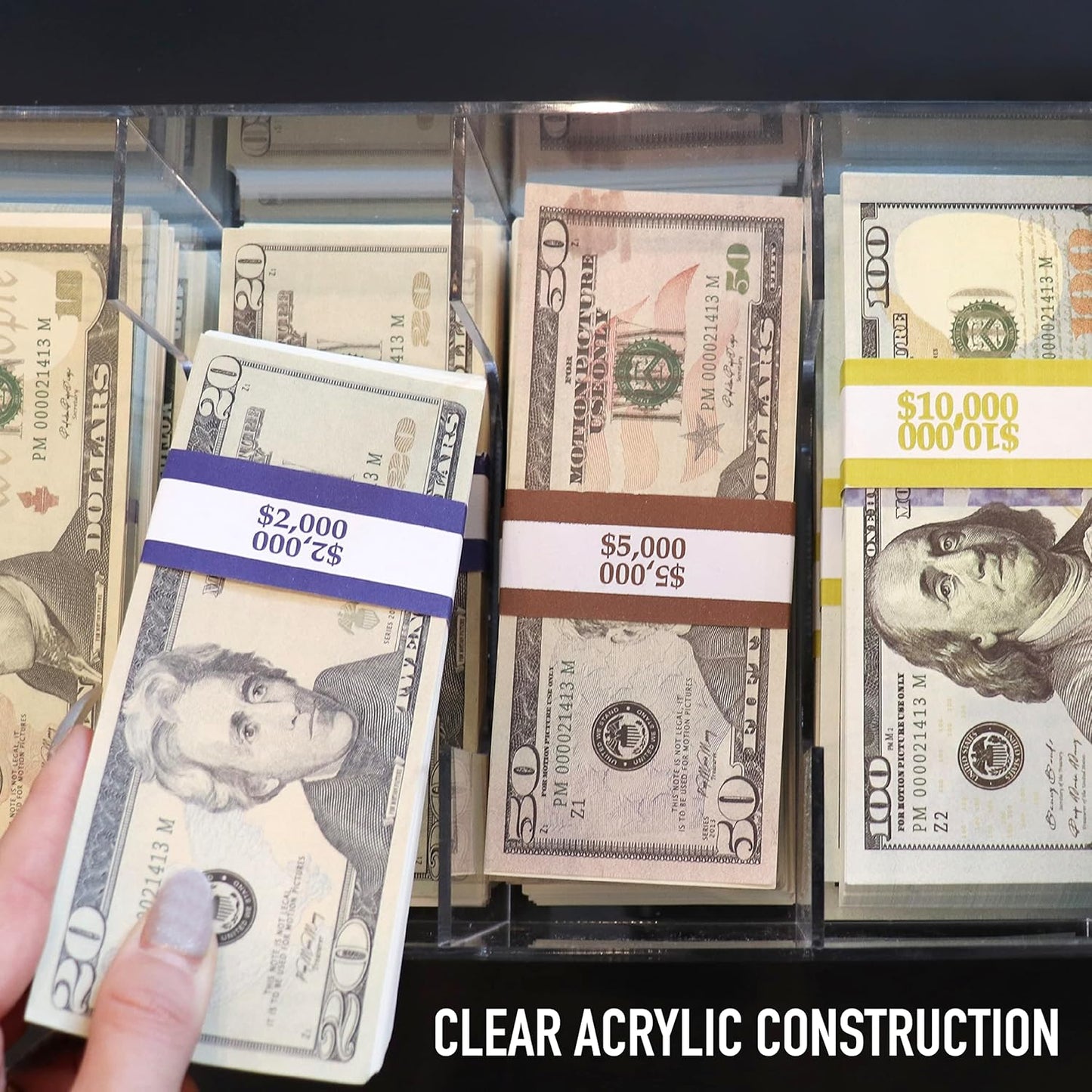 Clear Currency Tray, 5 Compartment Cash Organizer Money Storage Box, 300 Currency Wrappers Included