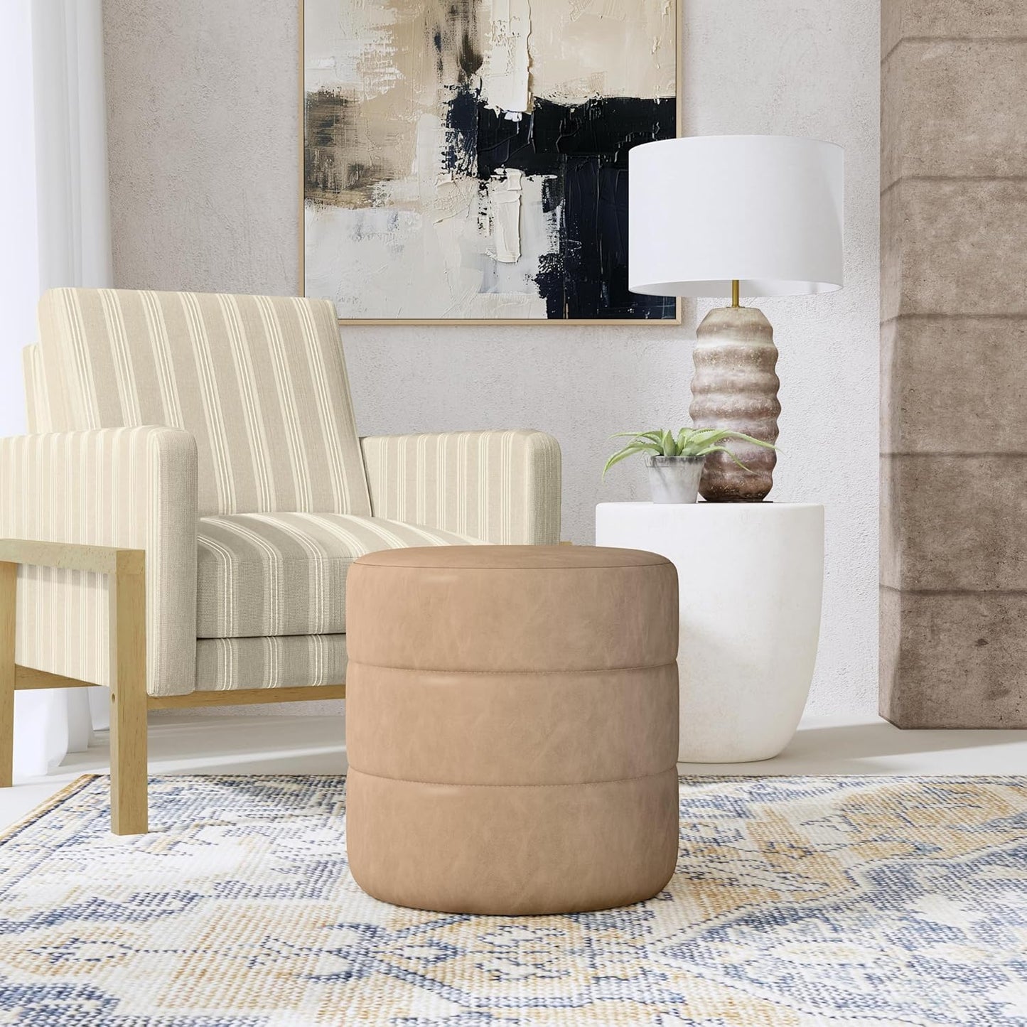 HomePop Upholstered Faux Leather Round Ottoman Home Décor|Foot Rest Ottoman- Sand Faux Leather