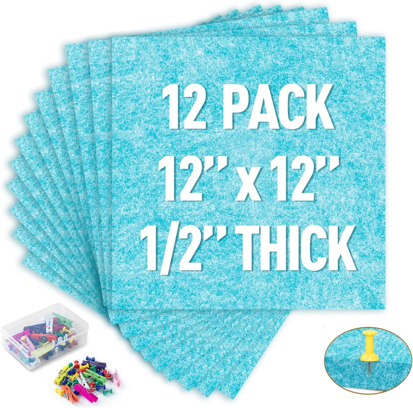 AKTOP Cork Bulletin Board 12x12, 1/2" Thick Felt Cork Board Tiles 12 Pack, Small Square Pin Board for Wall, Self Adhesive Corkboards with 120 Push Pin Wood Clips for School, Home & Office, Baby Blue - Lumora Desk