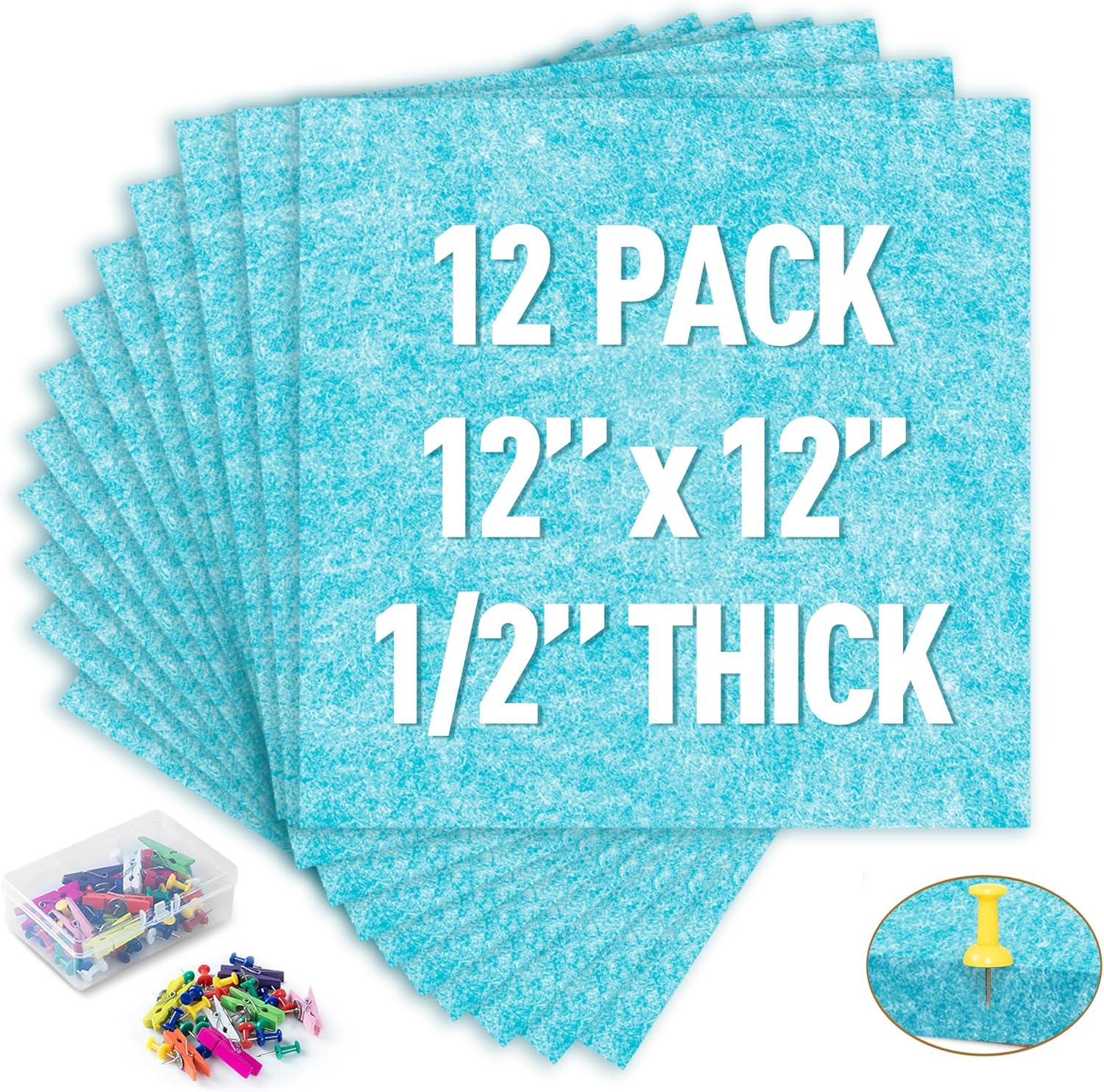 AKTOP Cork Bulletin Board 12x12, 1/2" Thick Felt Cork Board Tiles 12 Pack, Small Square Pin Board for Wall, Self Adhesive Corkboards with 120 Push Pin Wood Clips for School, Home & Office, Baby Blue - Lumora Desk