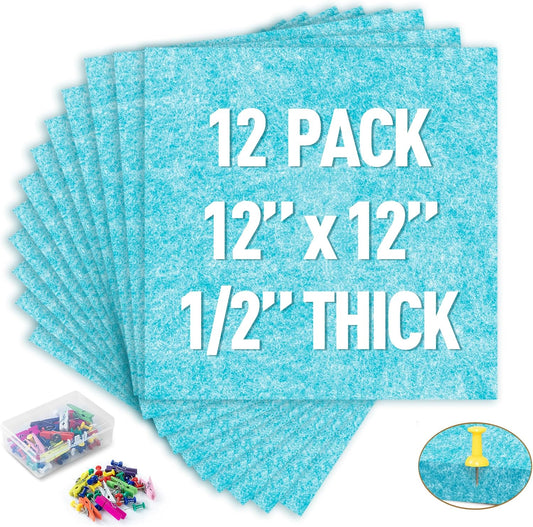 AKTOP Cork Bulletin Board 12x12, 1/2" Thick Felt Cork Board Tiles 12 Pack, Small Square Pin Board for Wall, Self Adhesive Corkboards with 120 Push Pin Wood Clips for School, Home & Office, Baby Blue - Lumora Desk