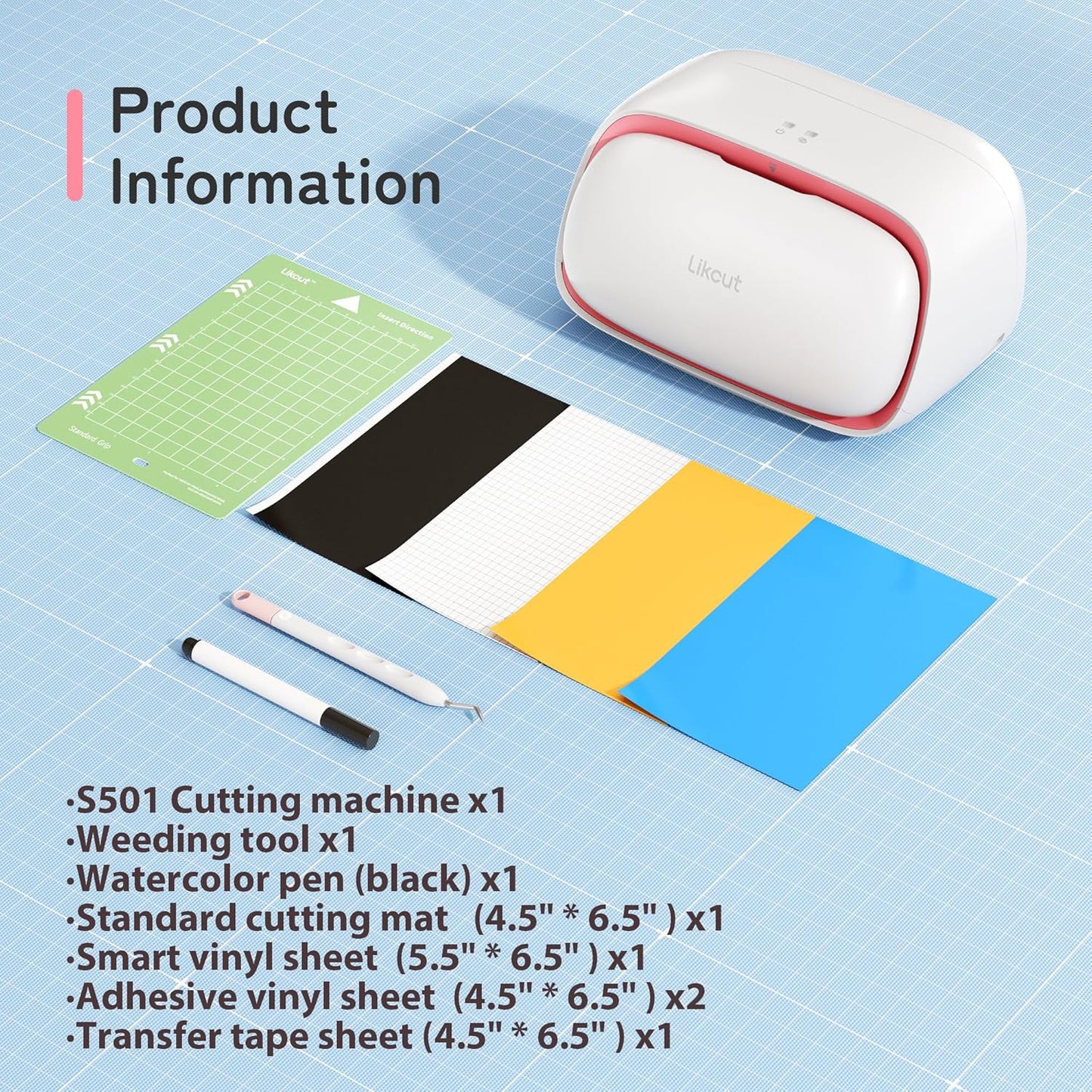 S501 Vinyl Cutter Machine with Built-in Storage, Die Cutting Machine of Multi Material Vinyl, HTV, Cardstock, Paper, Includes Cutting Mat, Black Pen, Weeding Tool, Pink