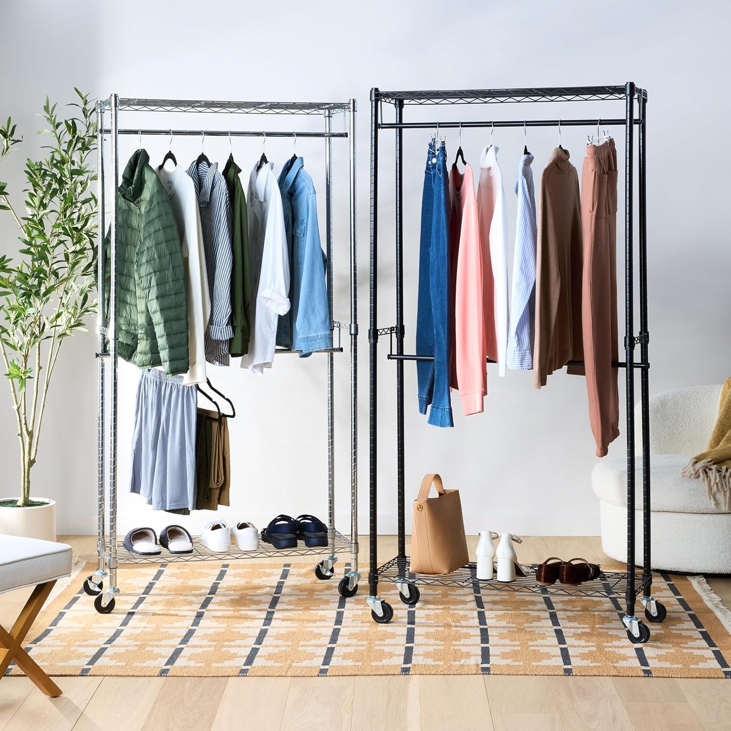 Amazon Basics Adjustable Clothes Rack for Handing, Double Hanging Rod Garment Rolling Closet Clothing Organizer, Chrome, 36'' x 14'' x 72'' - Lumora Desk