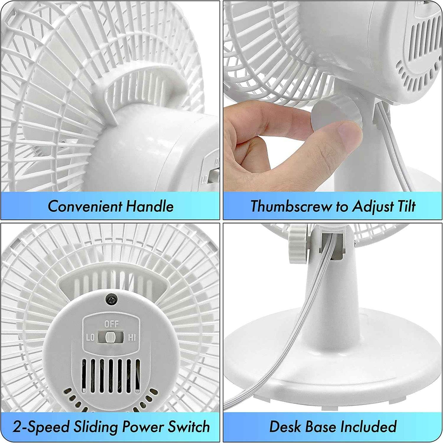 Comfort Zone CZ6D 6" Quiet Portable Indoor 2-Speed Desk Fan with Clip and Fully Adjustable Tilt in White