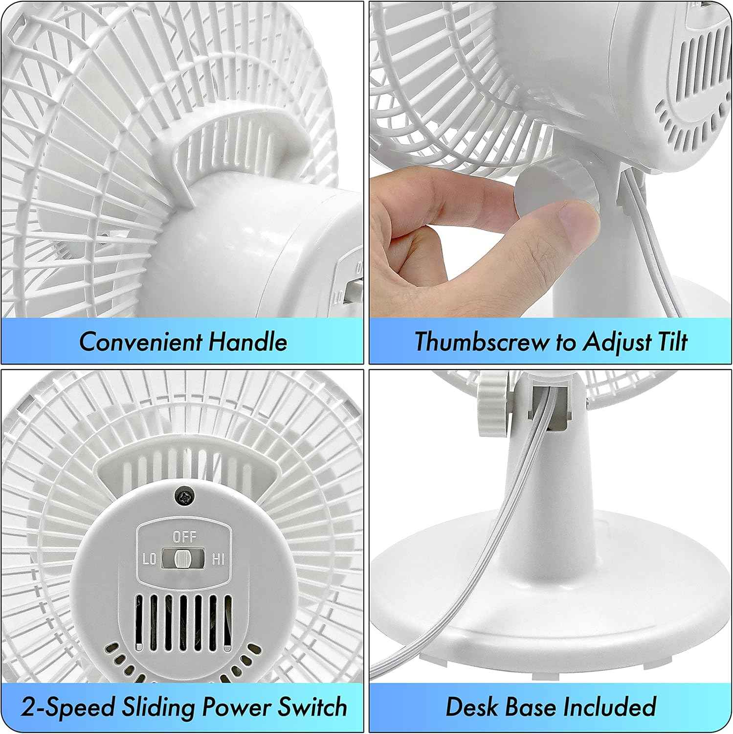 Comfort Zone CZ6D 6" Quiet Portable Indoor 2-Speed Desk Fan with Clip and Fully Adjustable Tilt in White