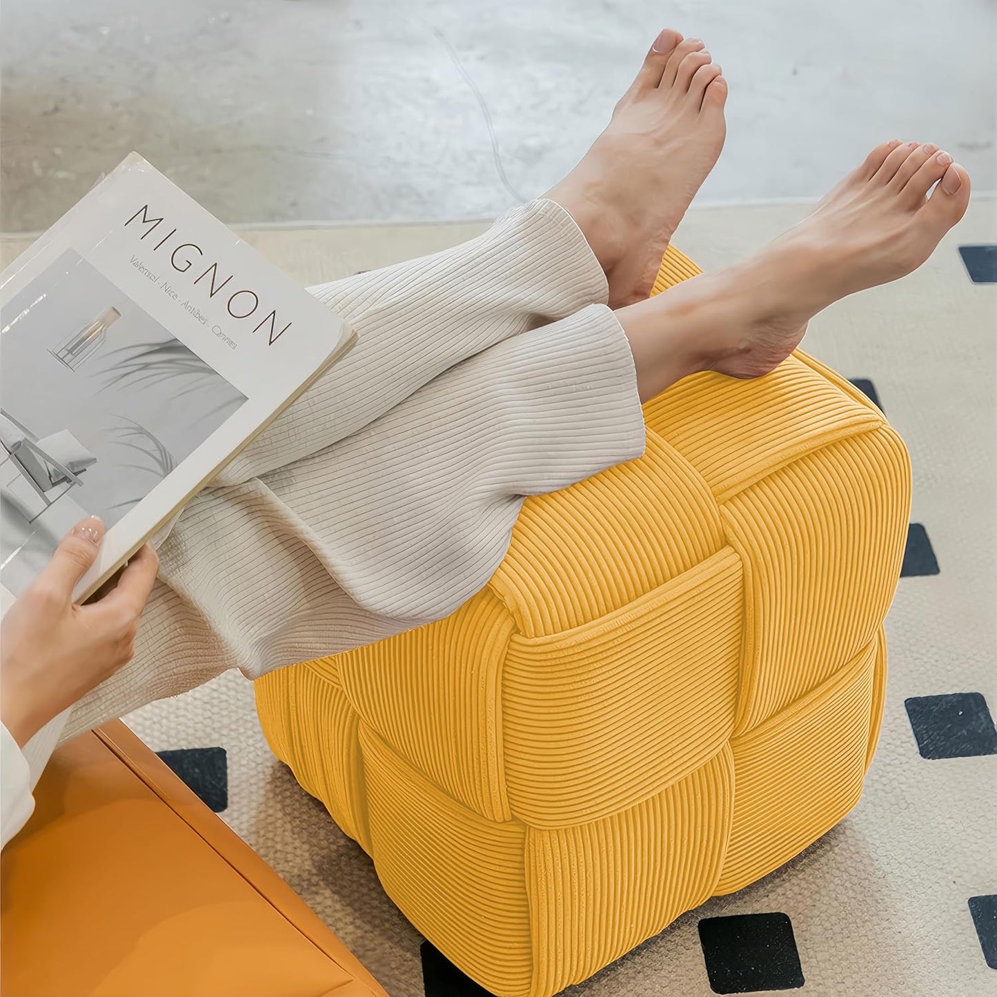 Ottoman Foot Rest Soft and Comfortable Ottoman Square Corduroy Woven Design Sofa Stool (Yellow)
