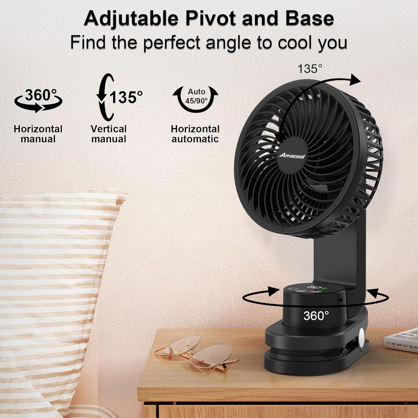 Desk Fan, Quiet Small Desktop Table Fans - 30Hrs Running, 270°Tilt, 90°Oscillating, Easy to Clean USB Fans, Rechargeable Portable Fan for Home Office Bedroom Travel Camping Co-Branded with AddAcc