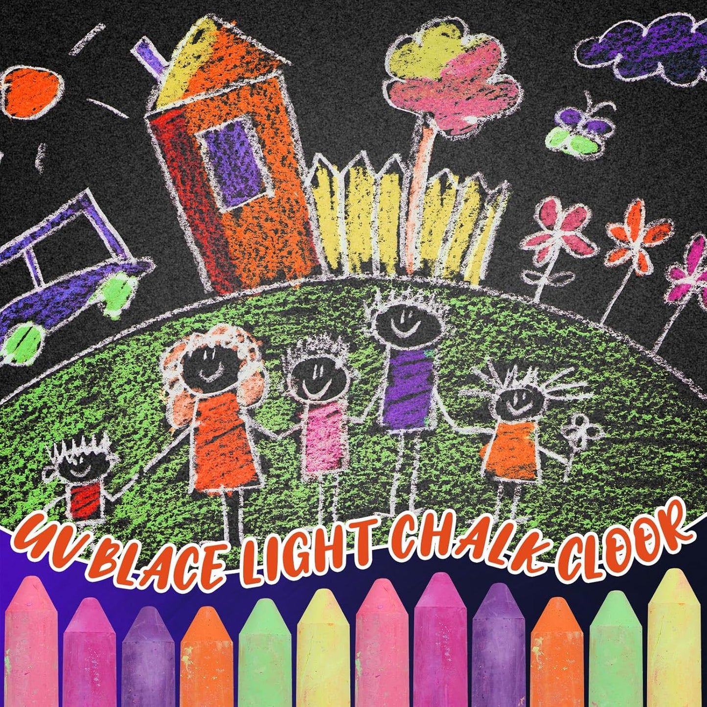 12 Pcs Glow in the Dark Chalk Under Blacklight, 6 Neon Colors Washable Dustless UV Sidewalk Chalk for Black Light Party Playground Chalkboard Birthday Gift and Outdoor Drawing (Crayon)