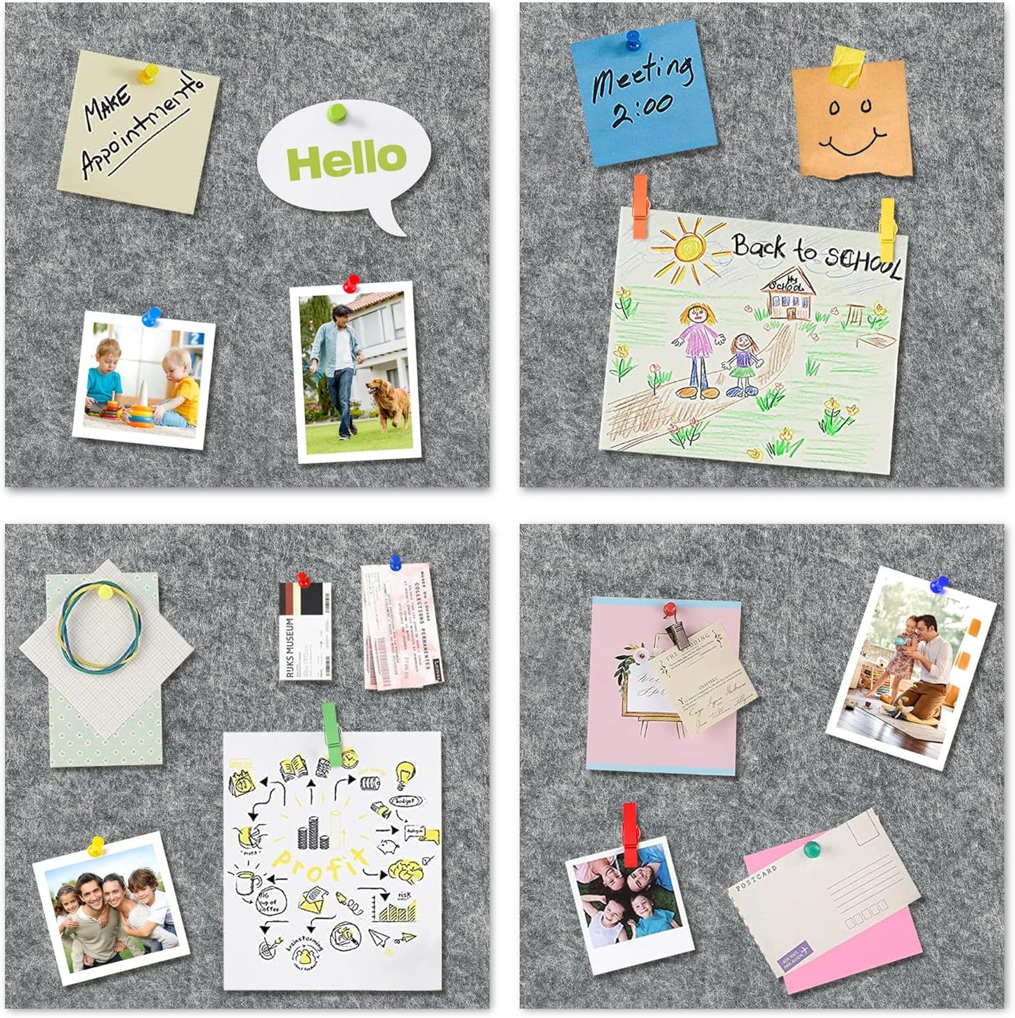AKTOP Cork Bulletin Board 12x12, 1/2" Thick Felt Cork Board Tiles 9 Pack, Small Square Pin Board for Wall, Self Adhesive Corkboards with 120 Push Pin Wood Clips for School, Home & Office, Grey - Lumora Desk