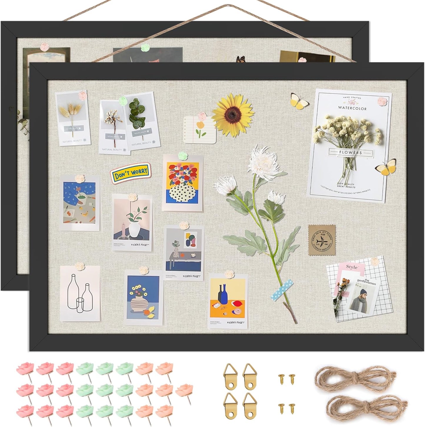 Cork Board Bulletin Board 16.7" x 11", 2-Pack Small Linen Corkboards with Frame for Walls, Cute Picture Display Pin Board Vision Board for Room School Office Bedroom 25 Pushpins Vintage Black - Lumora Desk